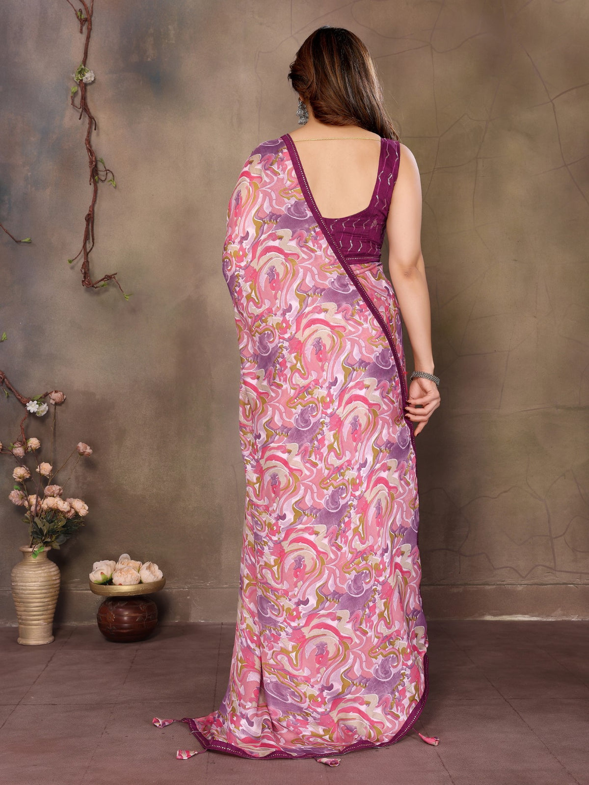 Pink Satin Chiffon Saree With Printed Saree With Embroidery Work Blouse