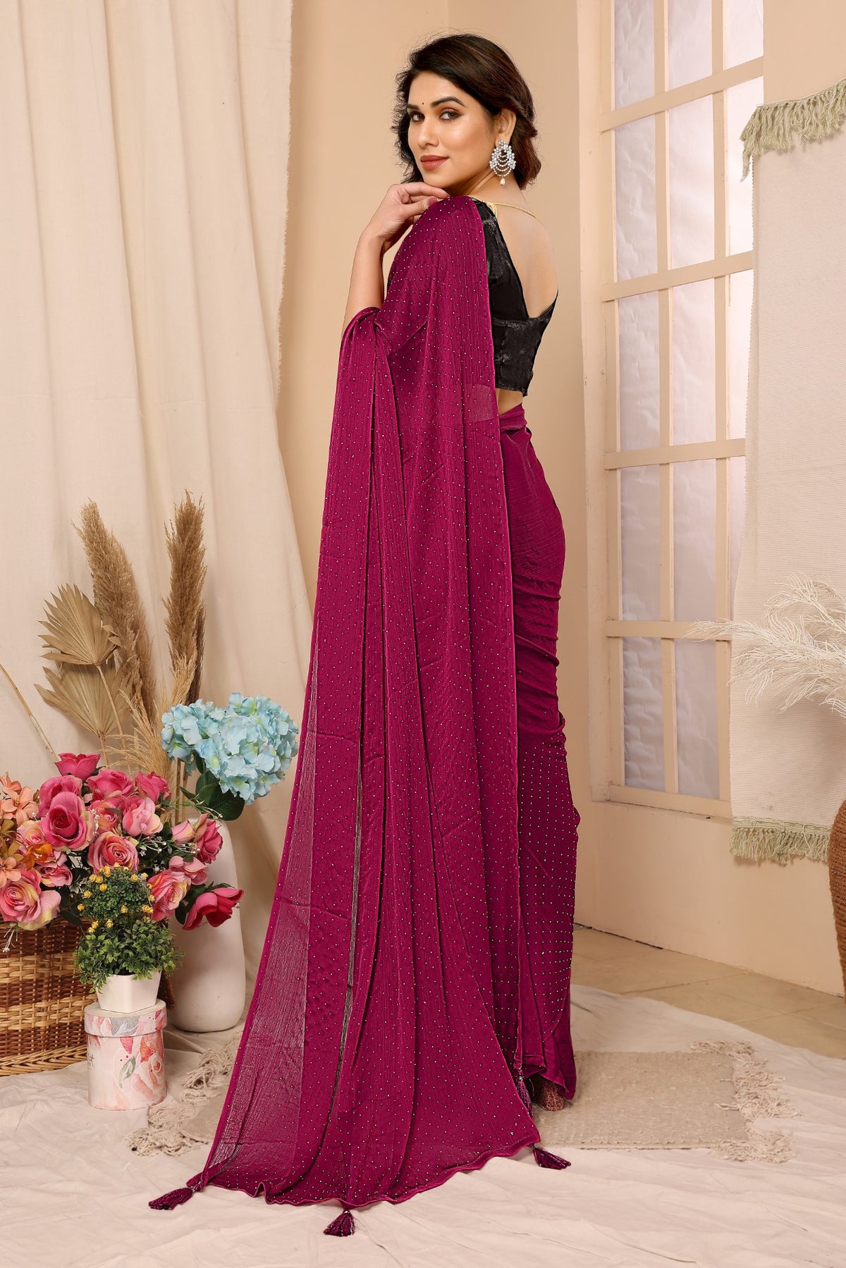 Pink Satin Chiffon Saree With Stone Work Saree And Stone Work Blouse