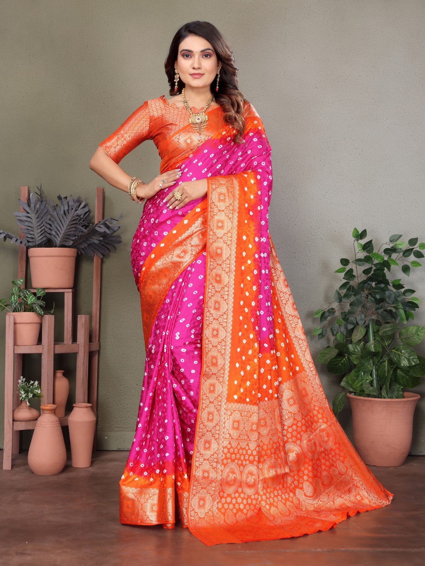 Pink Satin Silk Saree With Premium Bandhej Zari Weaving