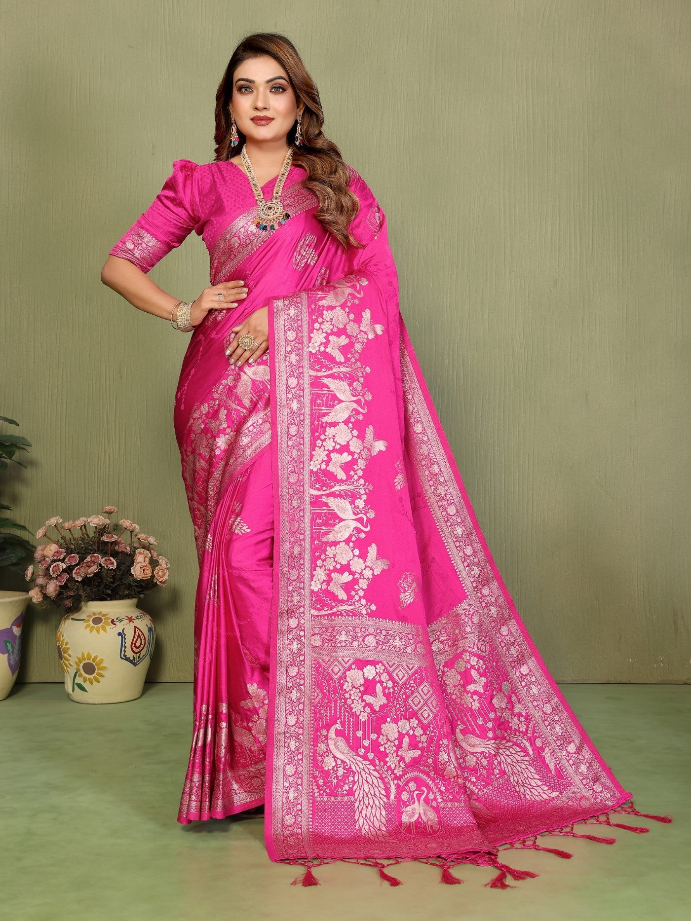 Pink Satin Silk Saree With Zari Weaving Butta