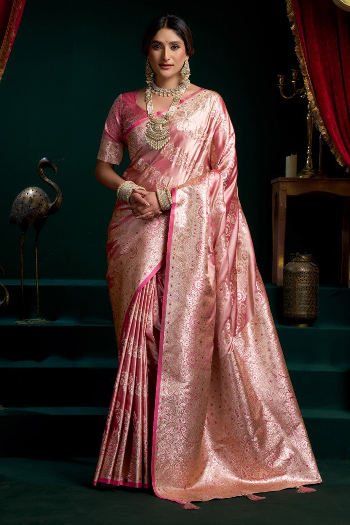 Pink Satin Silk Saree with Jacquard Woven Fancy Pom Pom Design