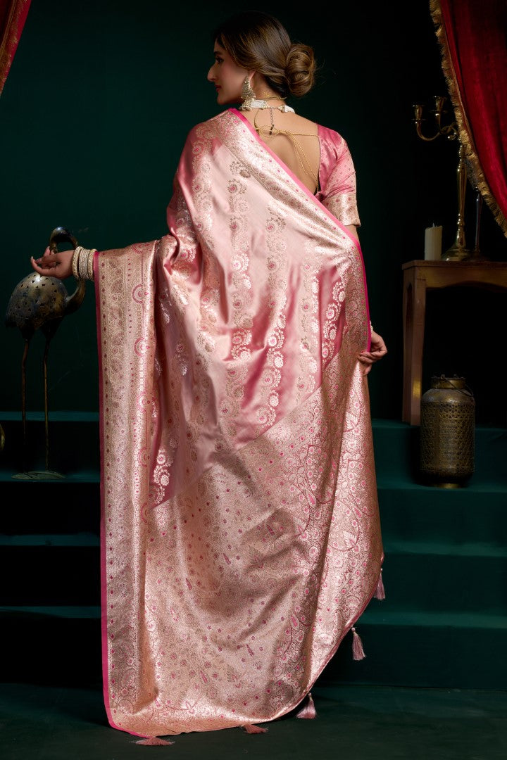 Pink Satin Silk Saree with Jacquard Woven Fancy Pom Pom Design