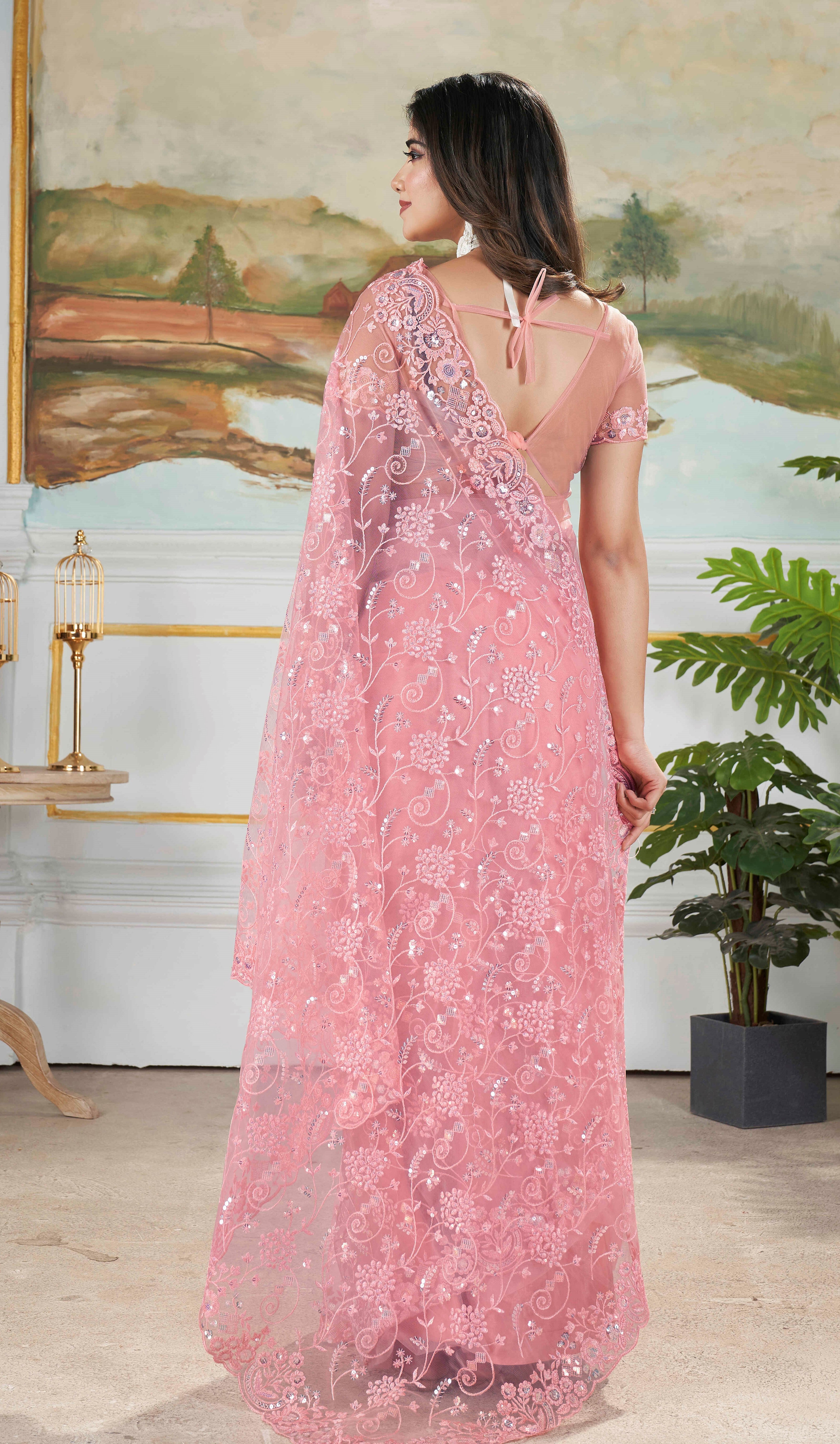 Pink Sequins With Thread Embroidery Work Butterfly Net Partywear Saree