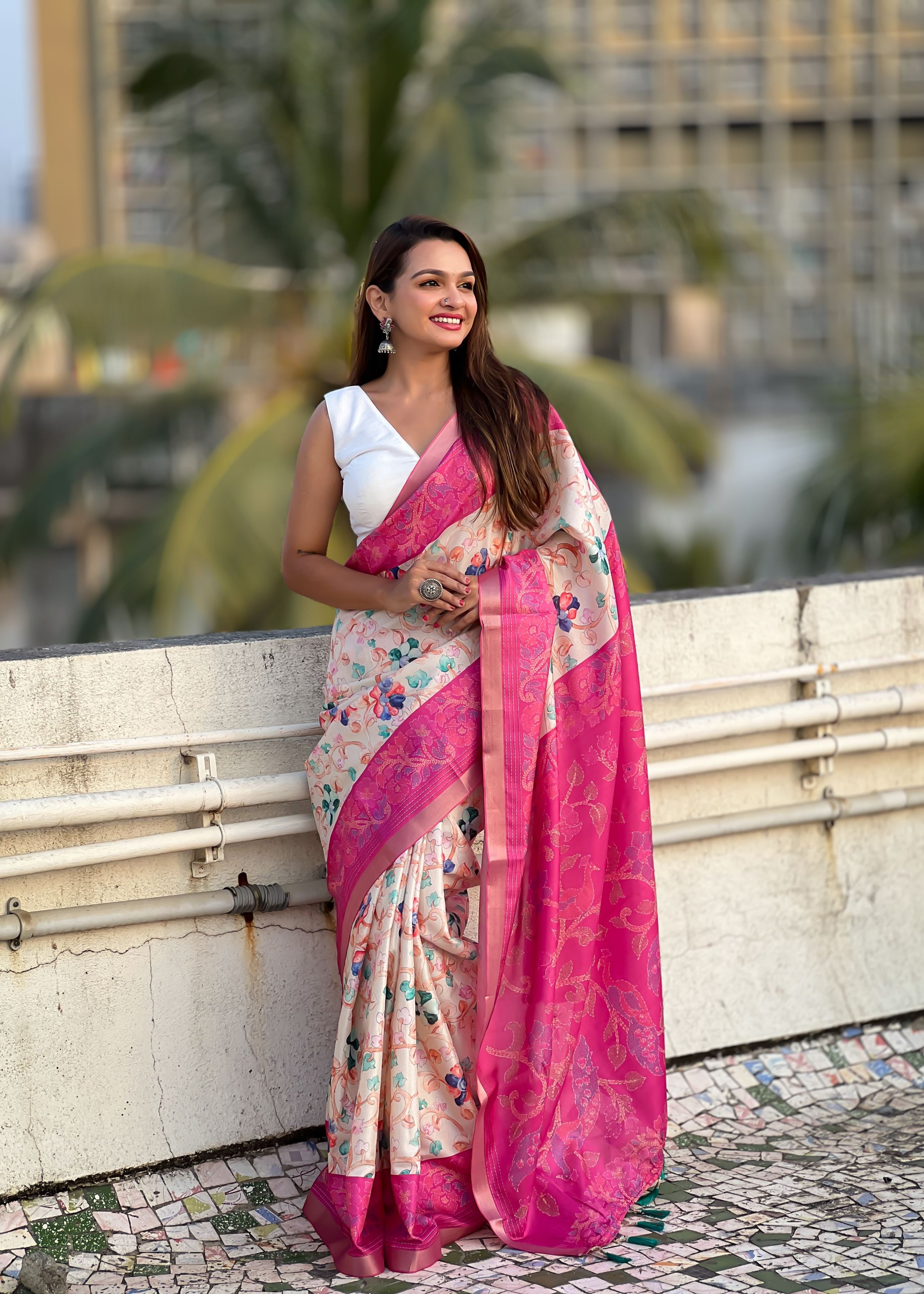 Pink Silk Blend Kalamkari Printed Saree