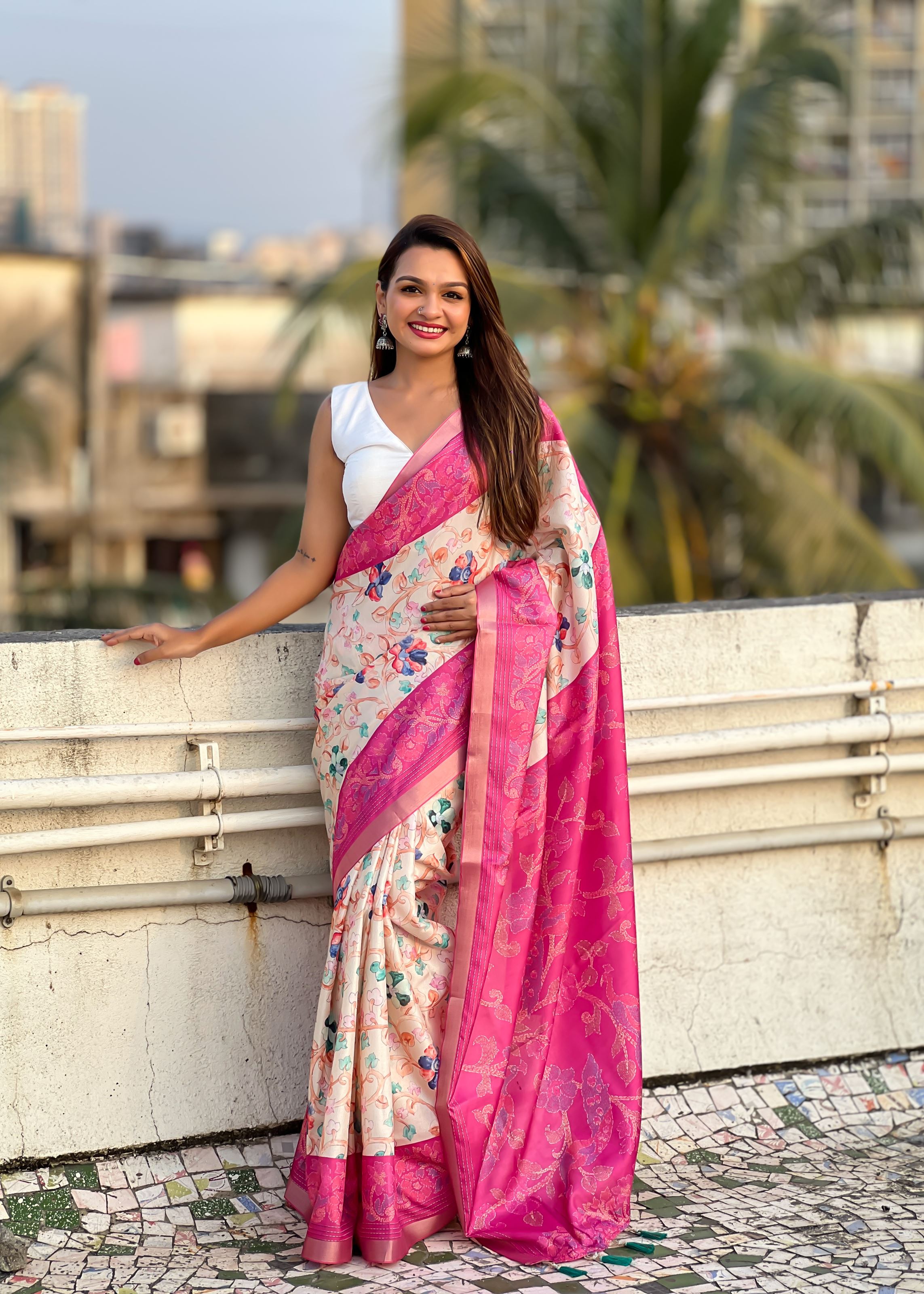 Pink Silk Blend Kalamkari Printed Saree