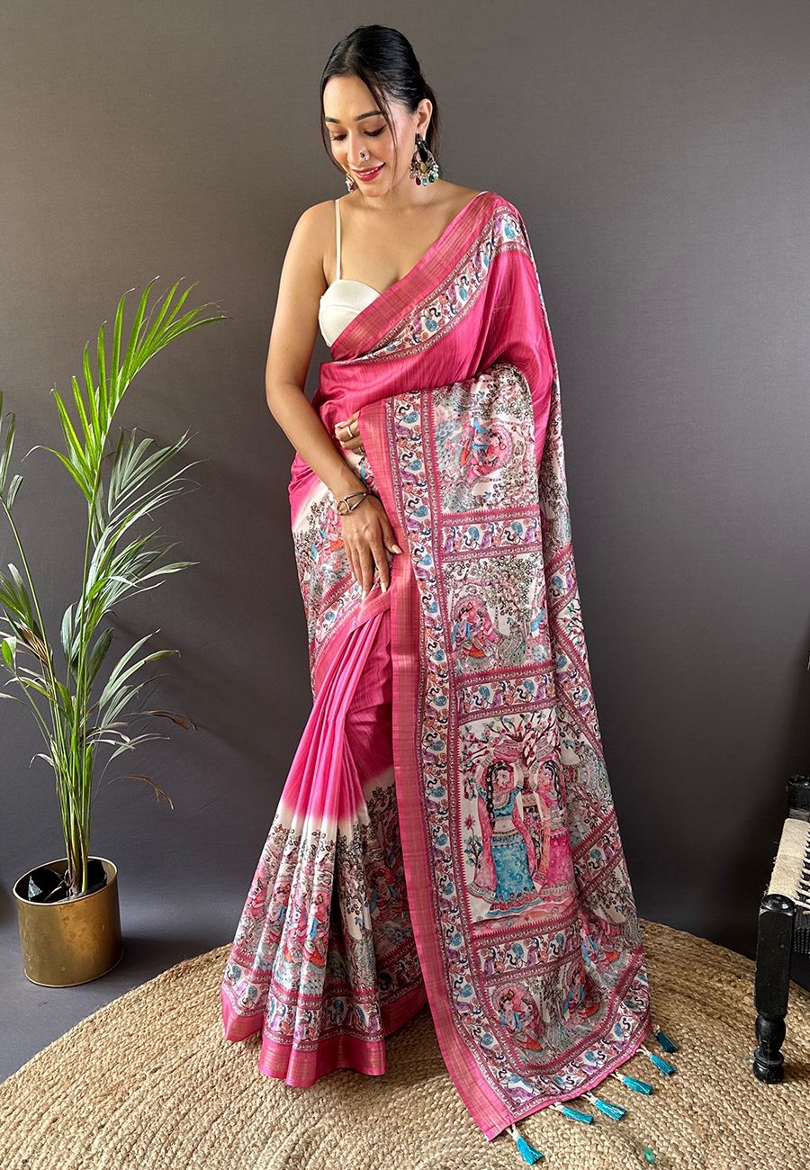 Pink Silk Blend Madhubani Printed Saree