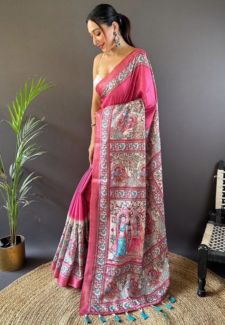 Pink Silk Blend Madhubani Printed Saree