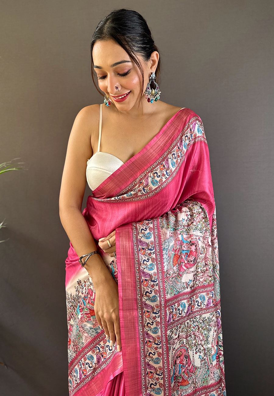 Pink Silk Blend Madhubani Printed Saree