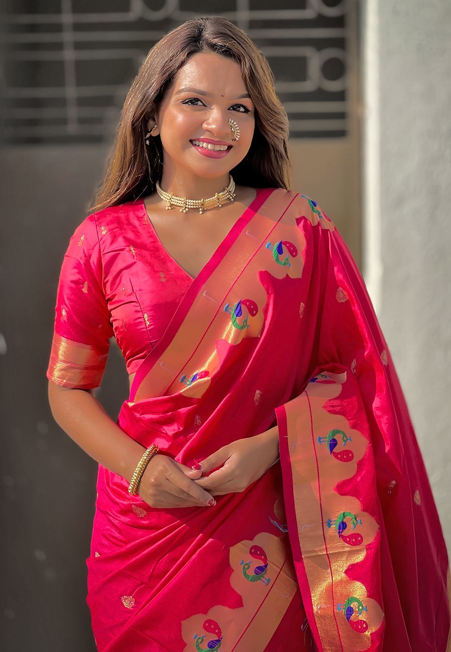 Pink Silk Blend Paithani Saree