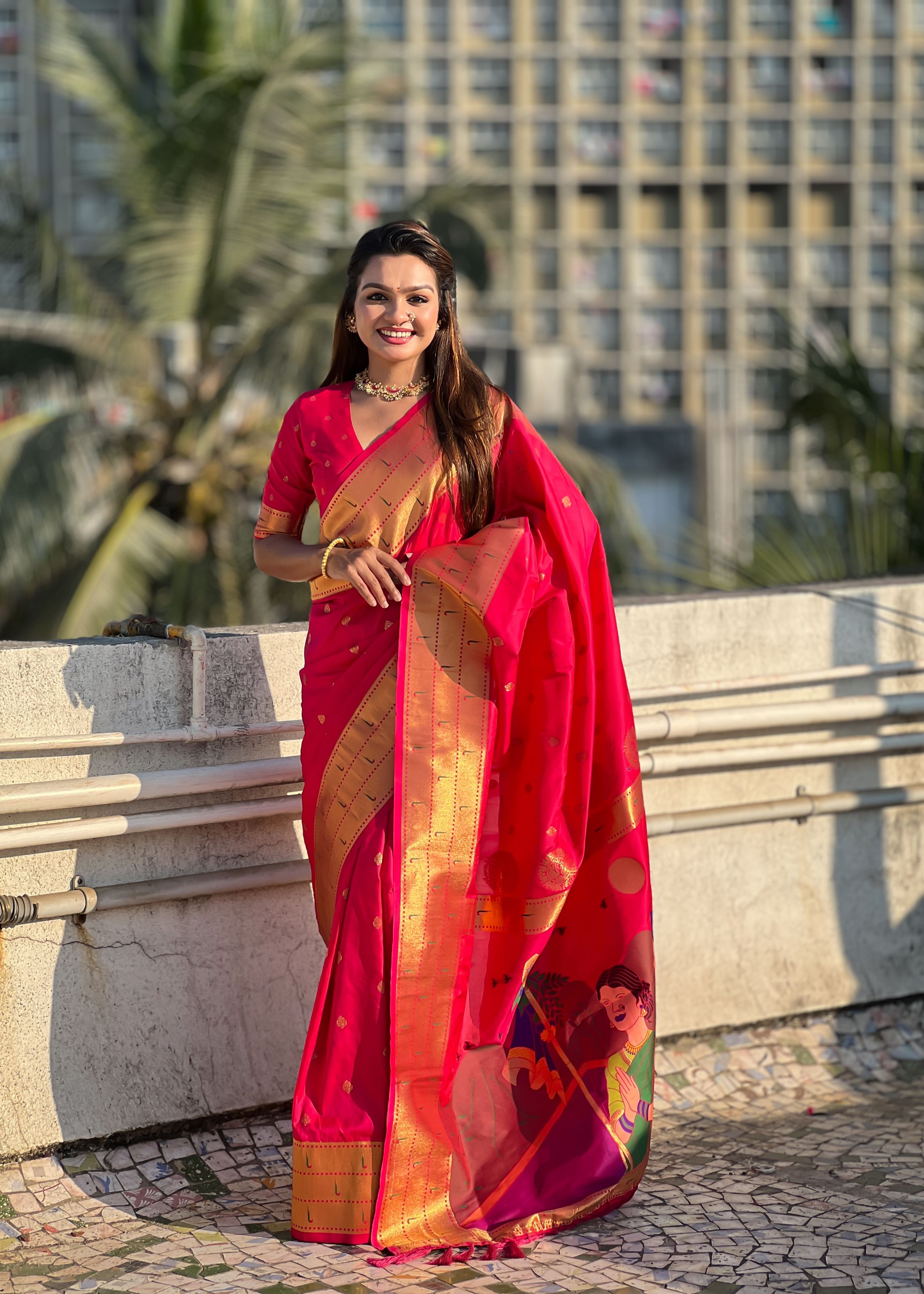 Pink Silk Blend Paithani Saree With Gudi Padwa Print