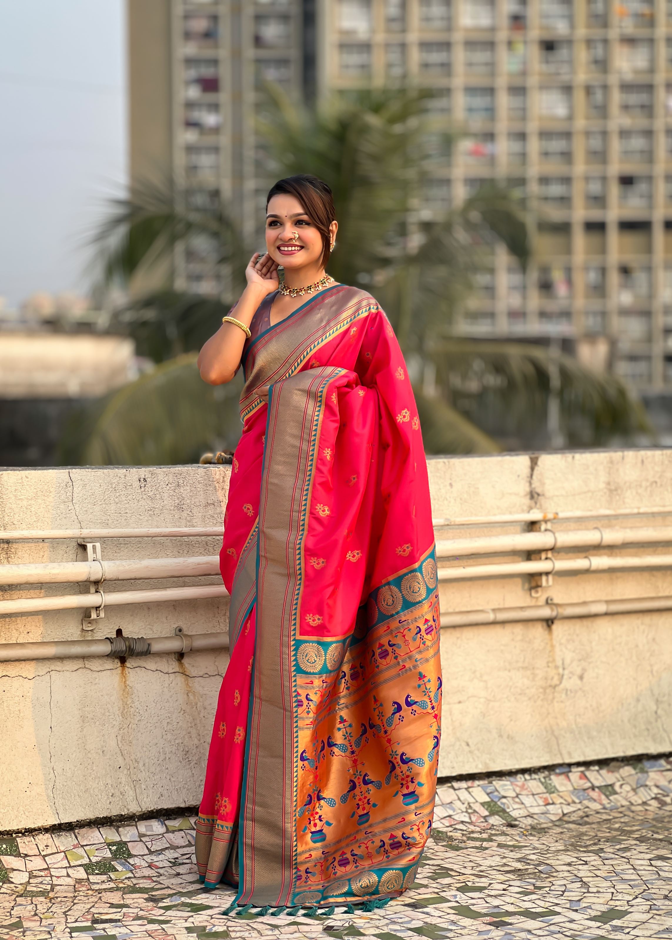 Pink Silk Blend Paithani Saree With Woven Work