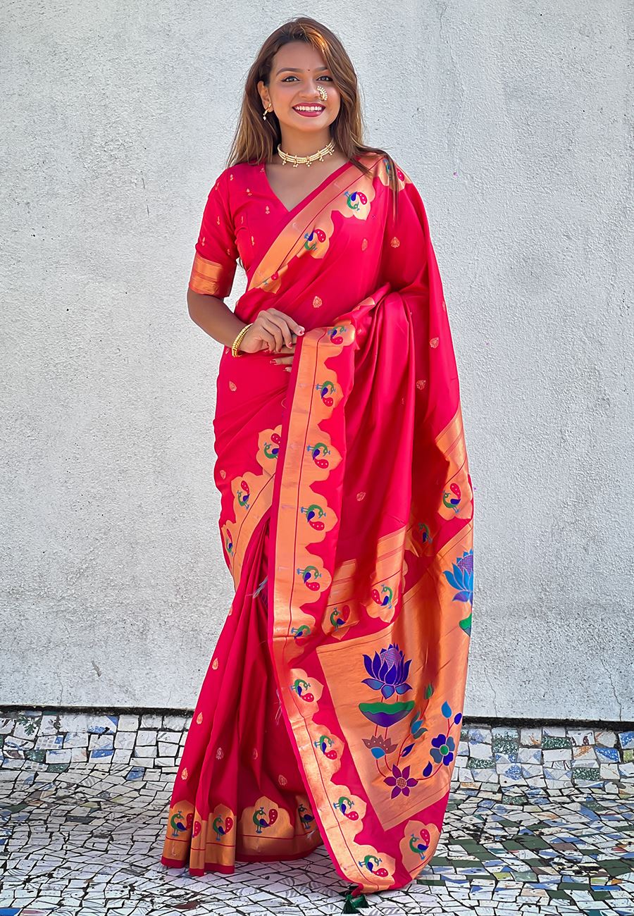 Pink Silk Blend Paithani Saree