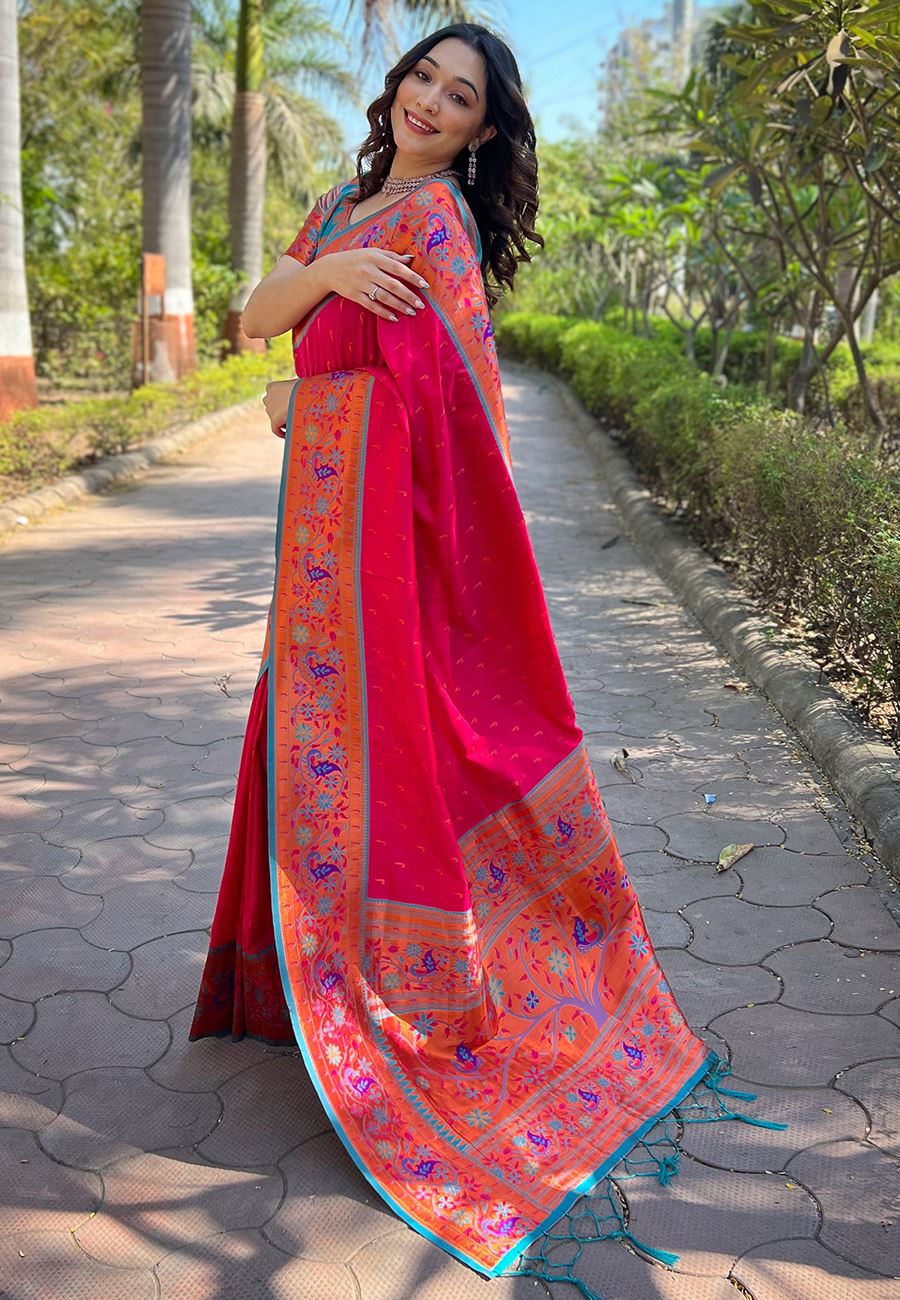 Pink Silk Blend Paithani Saree