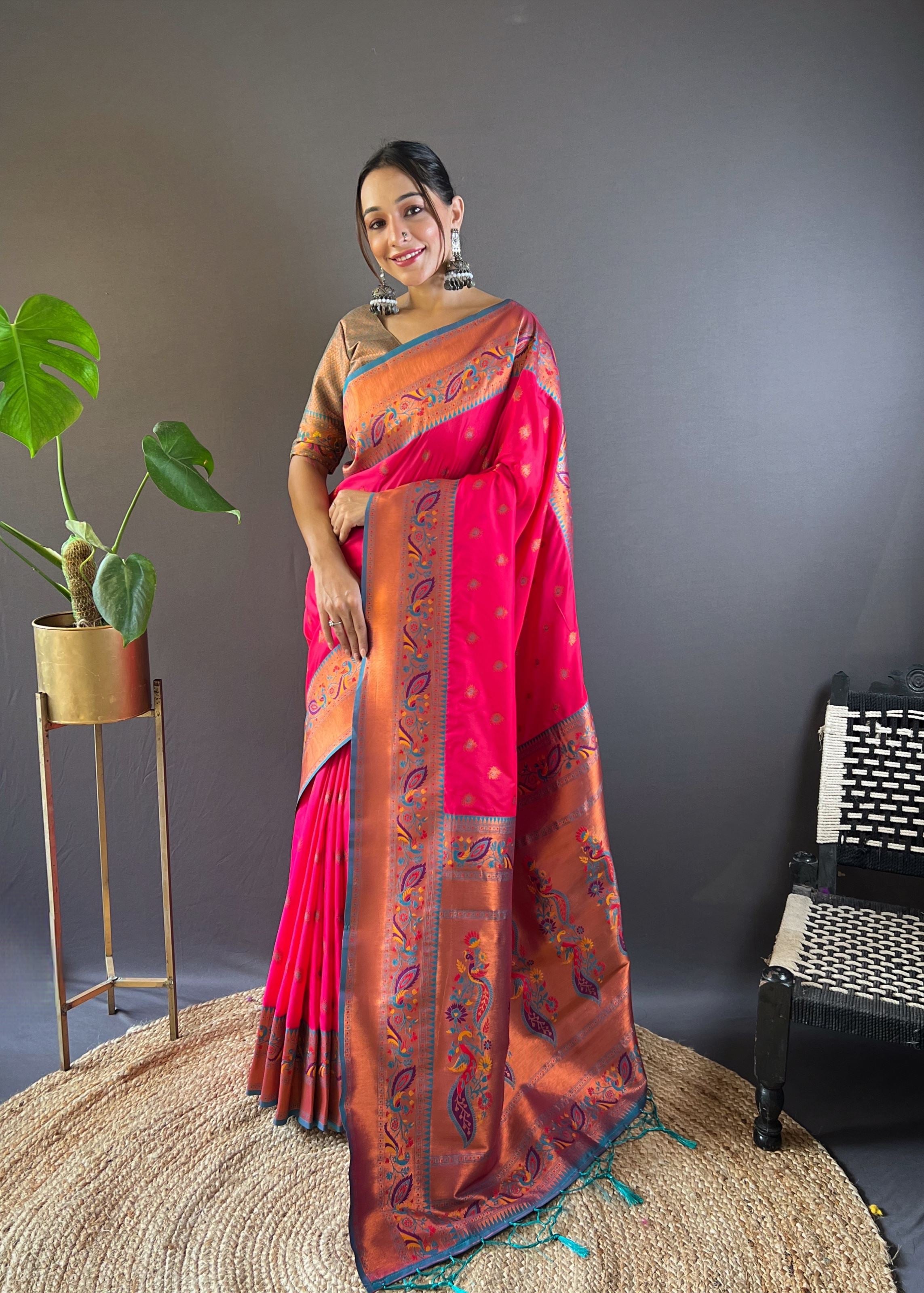 Pink Silk Blend Paithani Saree