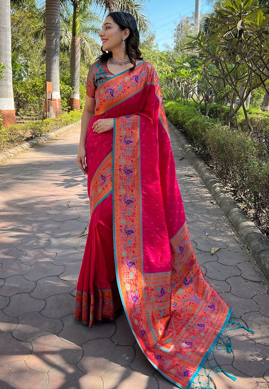 Pink Silk Blend Paithani Saree
