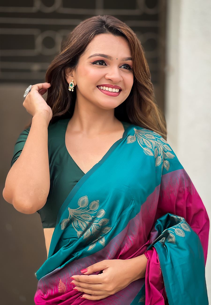 Pink Silk Blend Saree With Floral Border Zari Woven Work