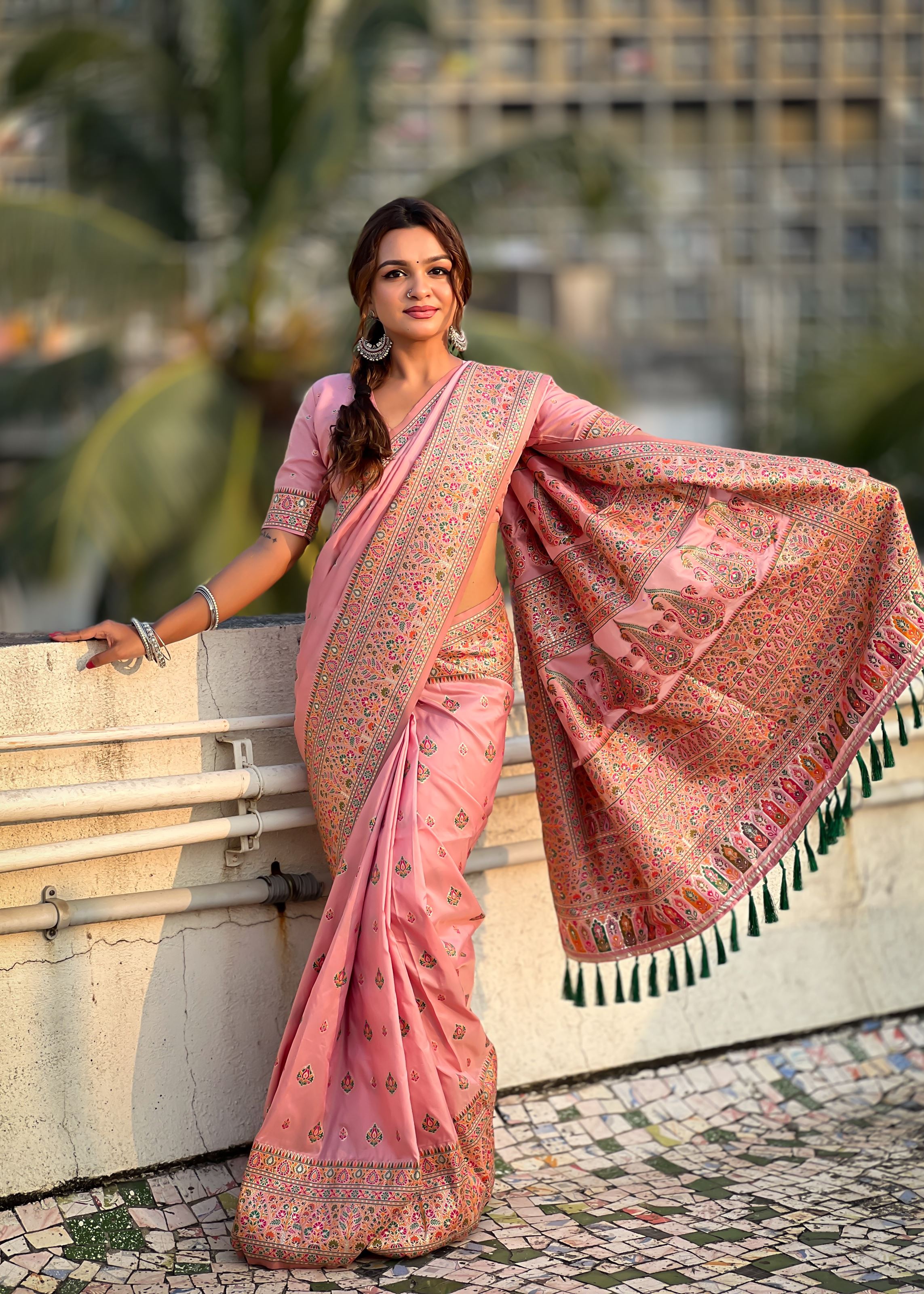 Pink Silk Blend Saree With Meenakari Kashmiri woven Work