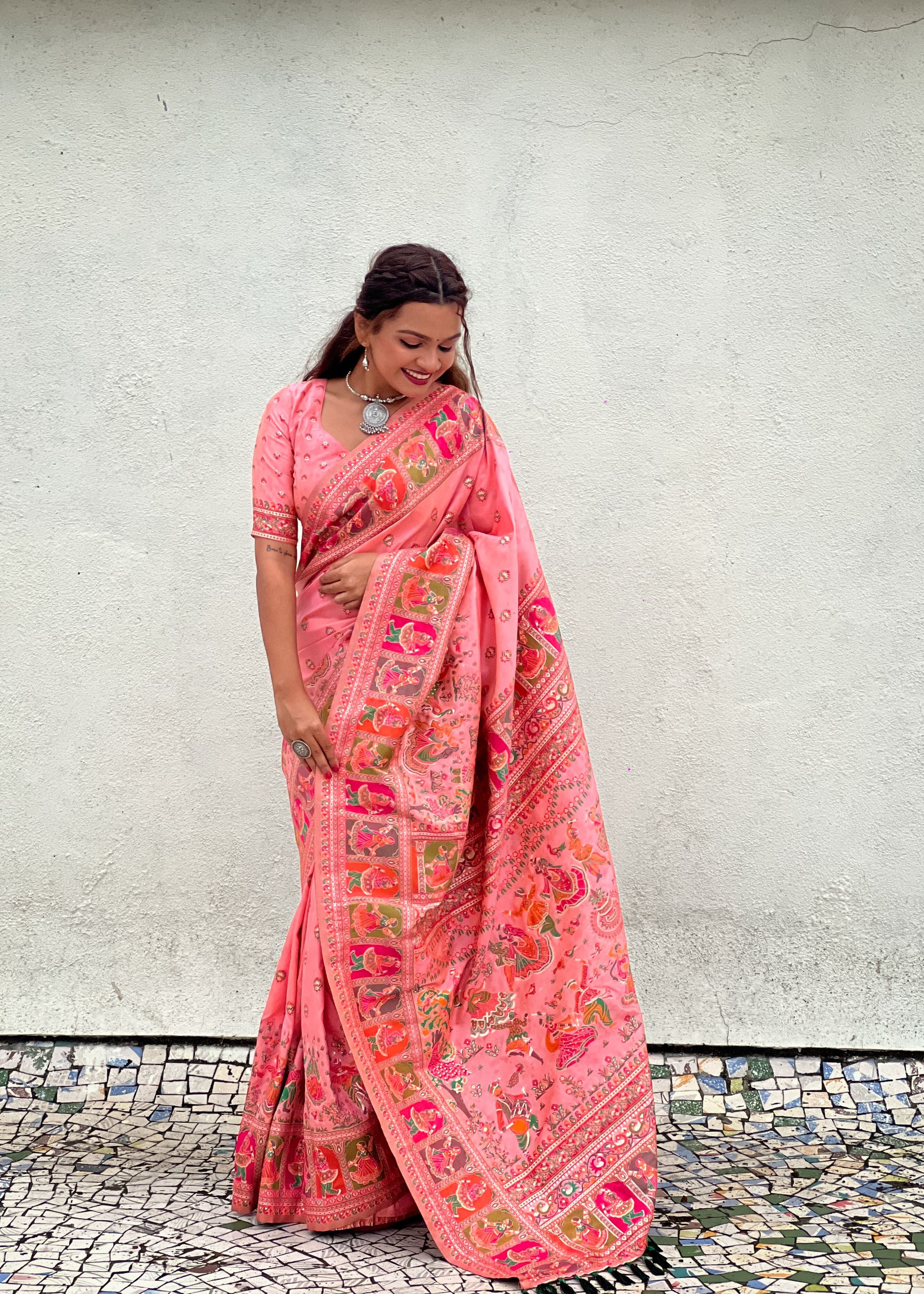 Pink Silk Blend Saree With Meenakari Kashmiri woven Work