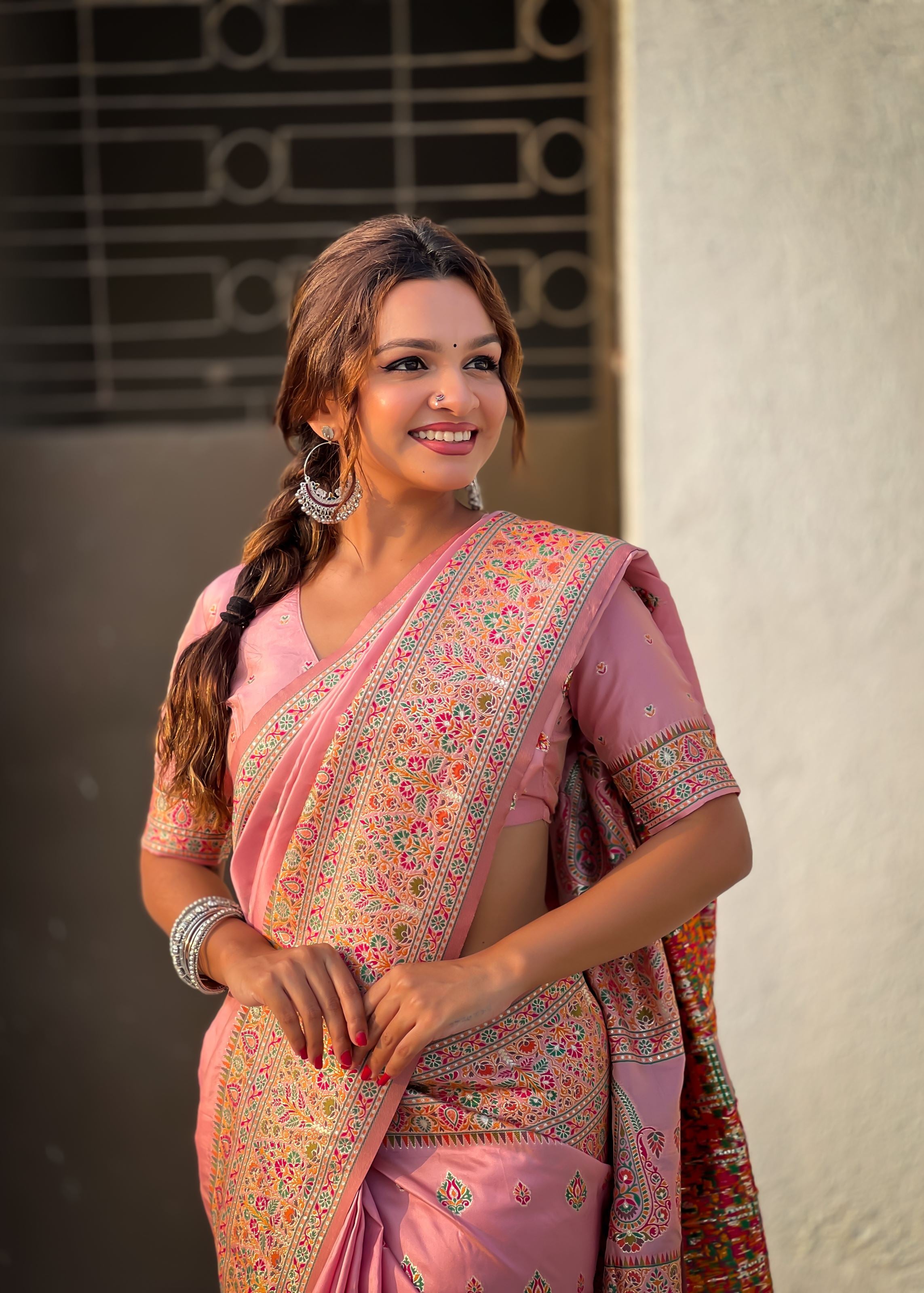 Pink Silk Blend Saree With Meenakari Kashmiri woven Work