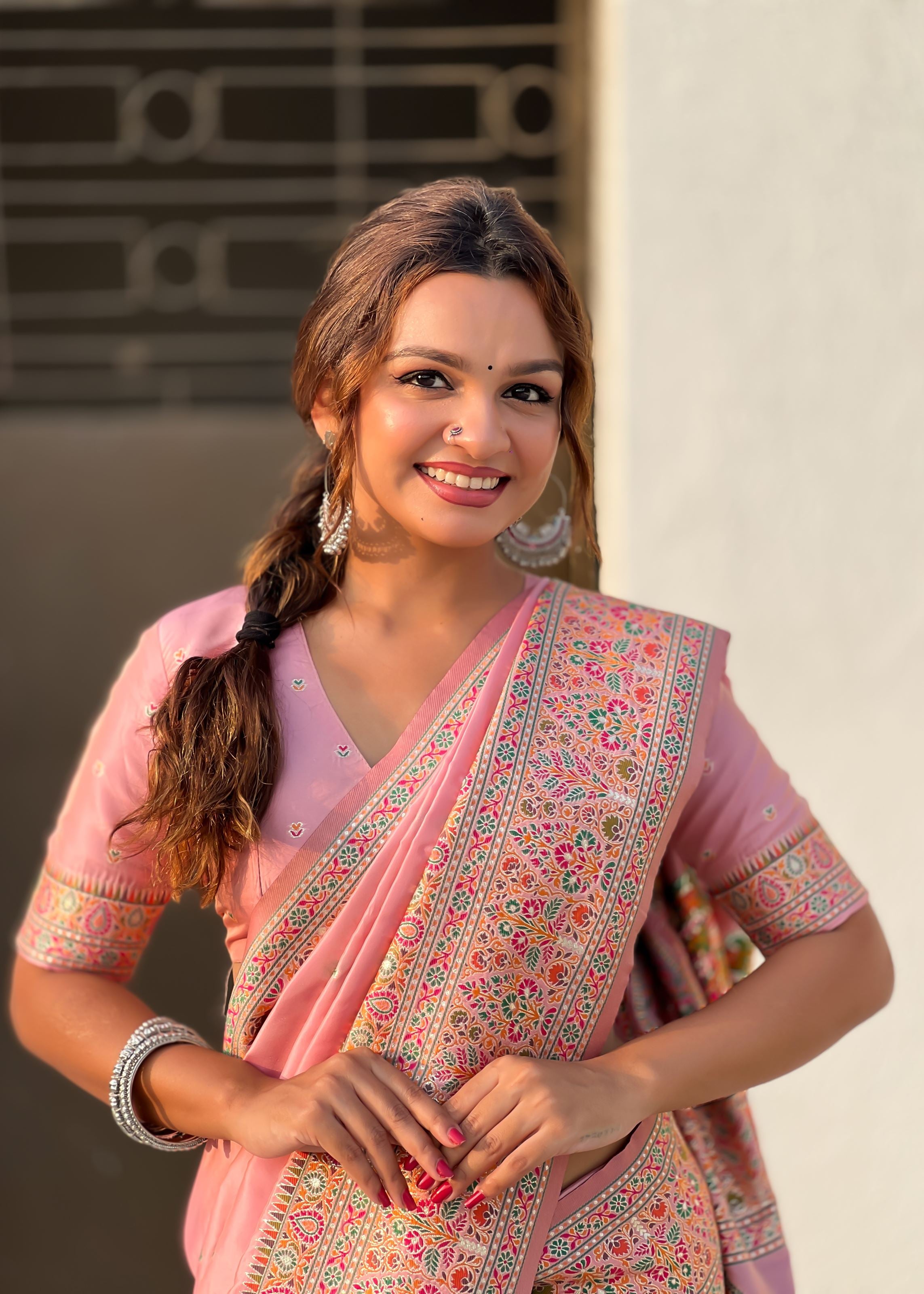 Pink Silk Blend Saree With Meenakari Kashmiri woven Work
