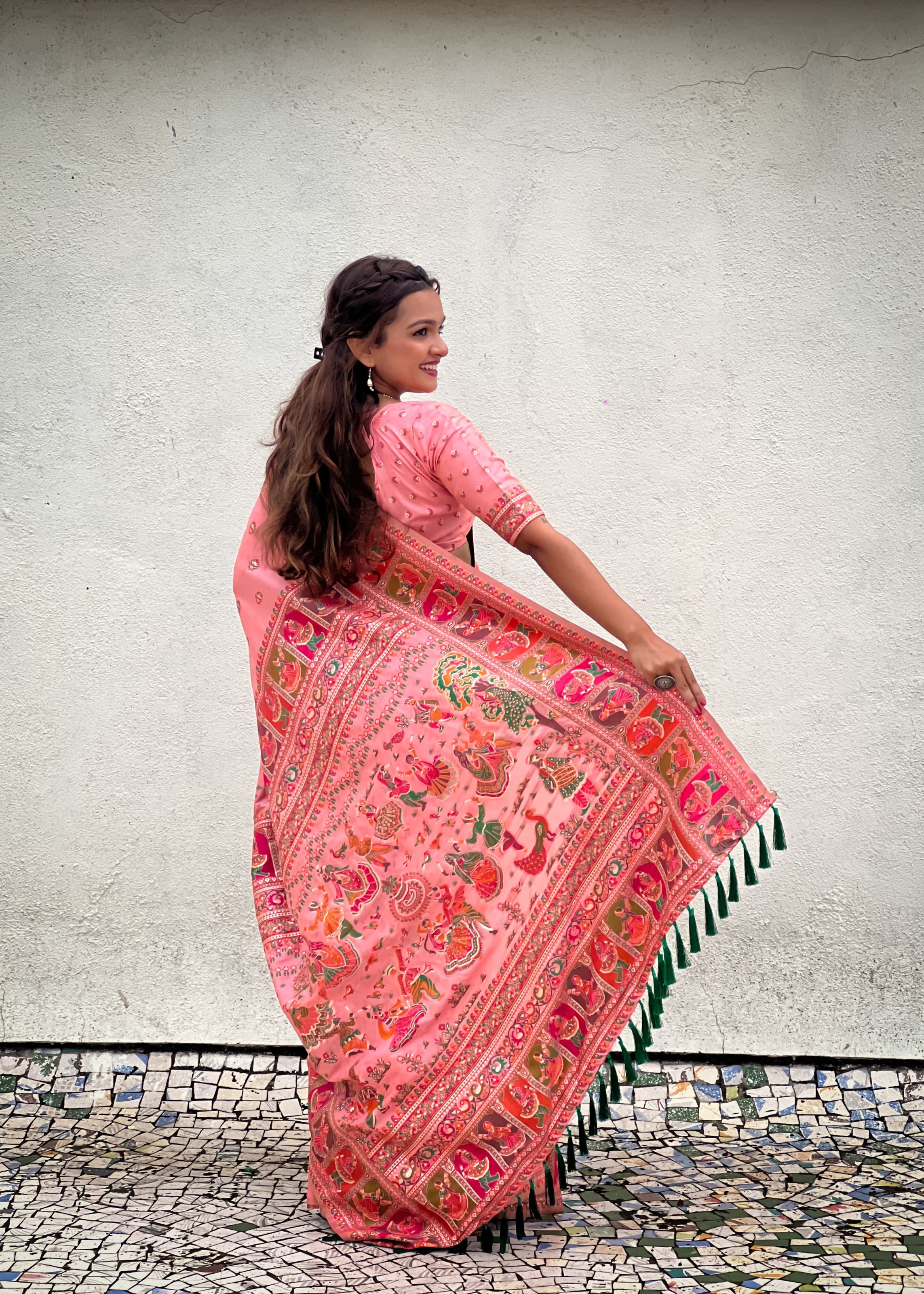 Pink Silk Blend Saree With Meenakari Kashmiri woven Work
