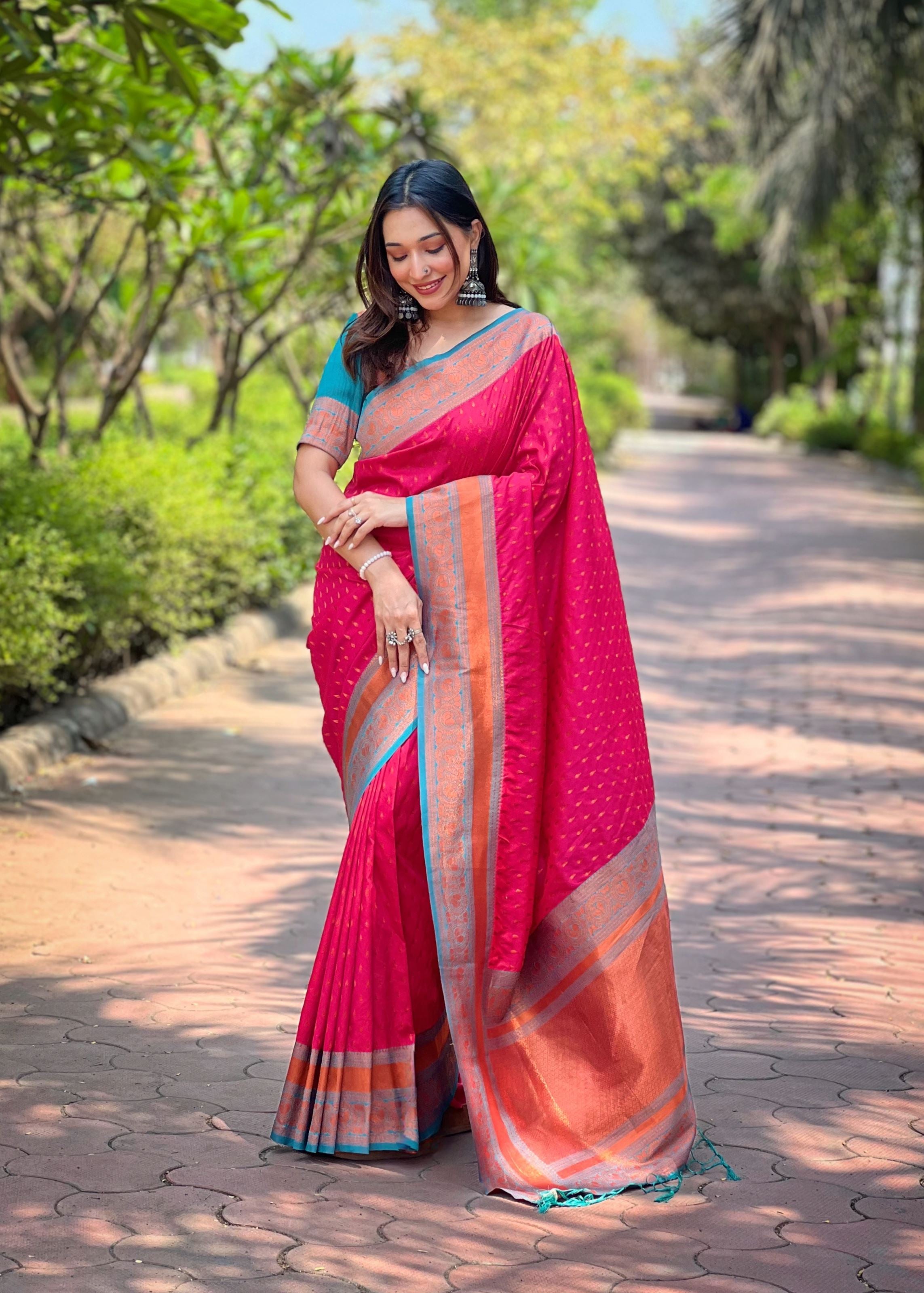 Pink Silk Blend Saree With Woven Work