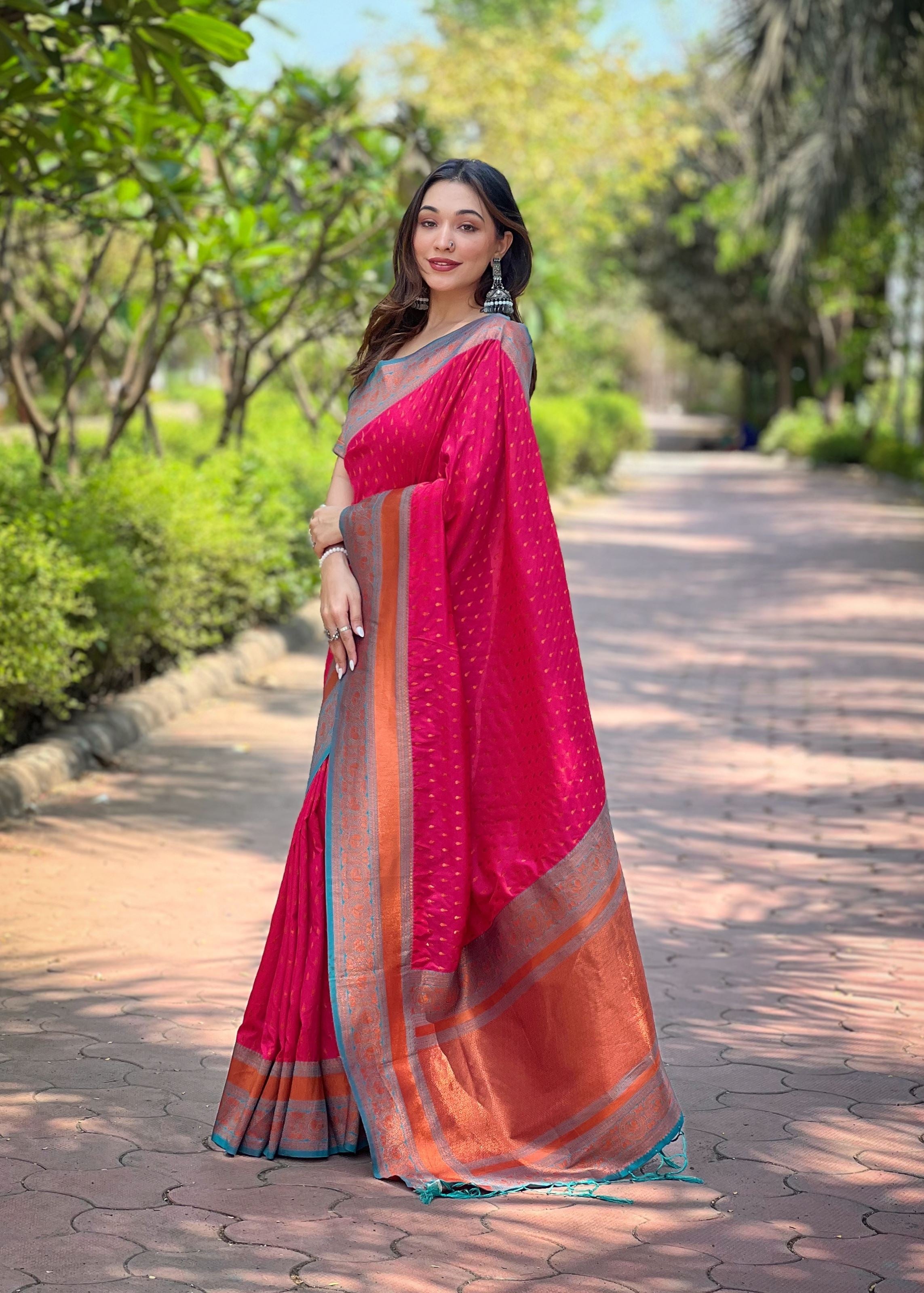 Pink Silk Blend Saree With Woven Work