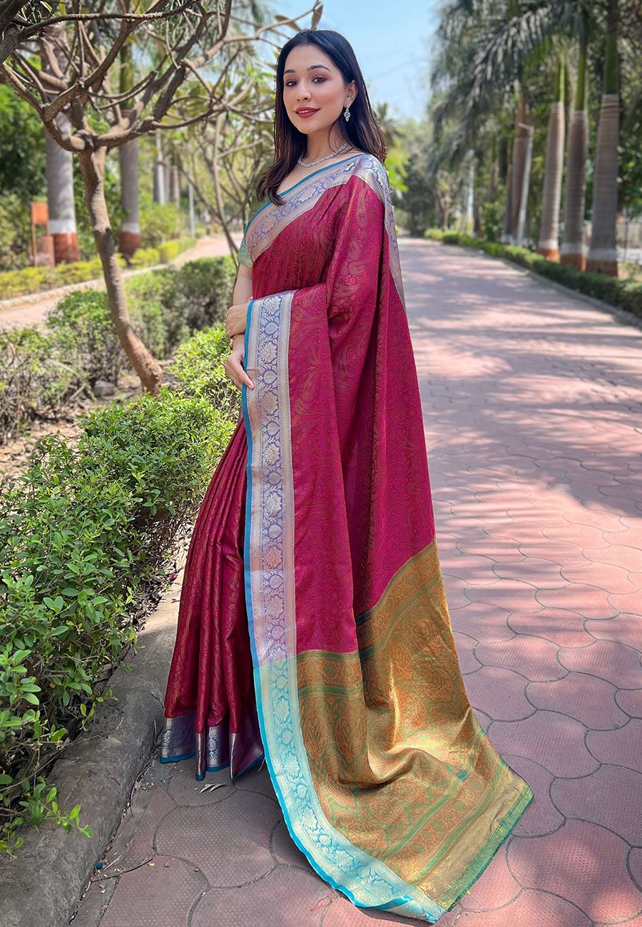 Pink Silk Blend Saree With Zari and Woven Work