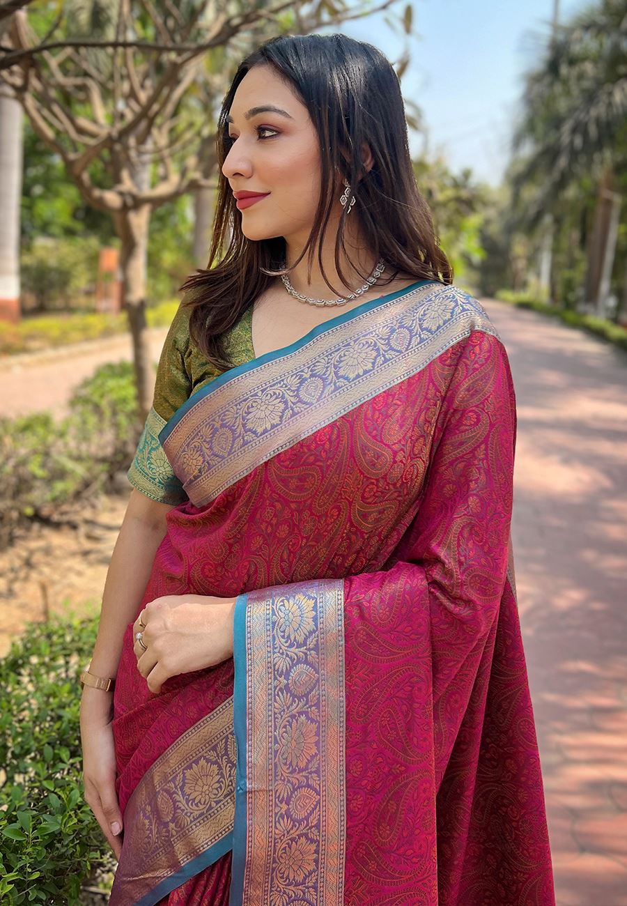 Pink Silk Blend Saree With Zari and Woven Work