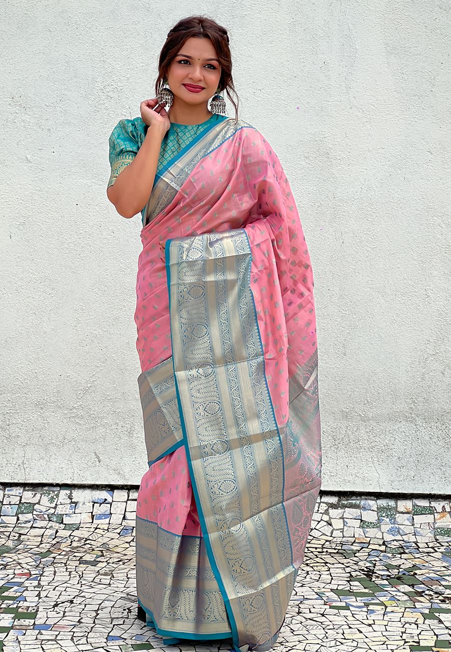 Pink Silk Blend South Indian Kanchipuram Saree