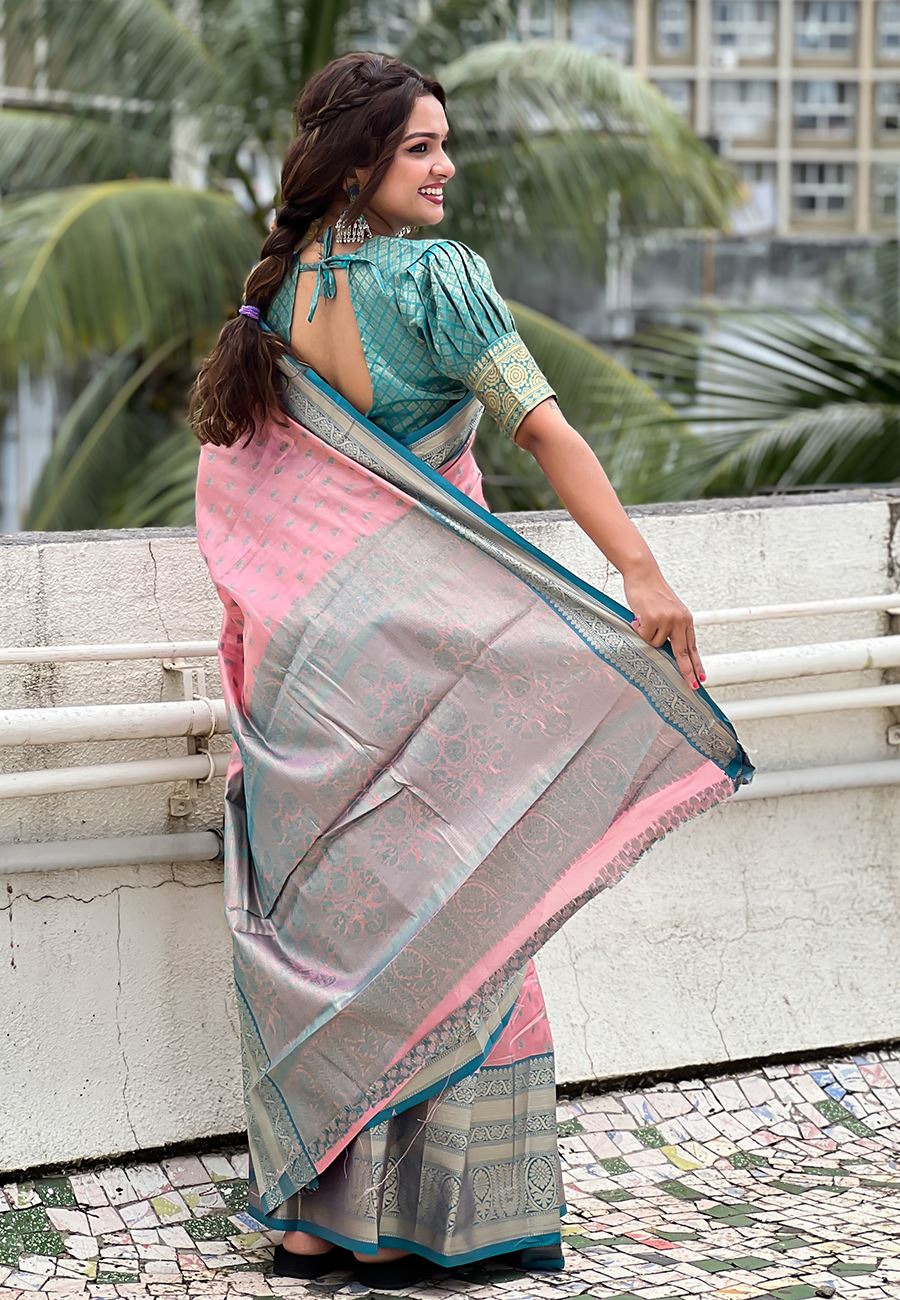 Pink Silk Blend South Indian Kanchipuram Saree