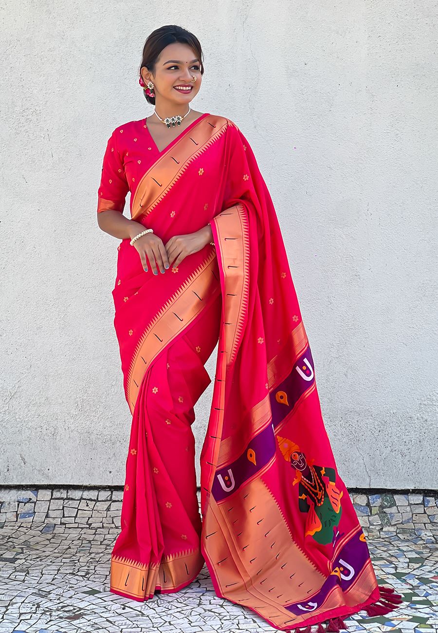 Pink Silk Blend Vitthala God Paithani Silk Saree
