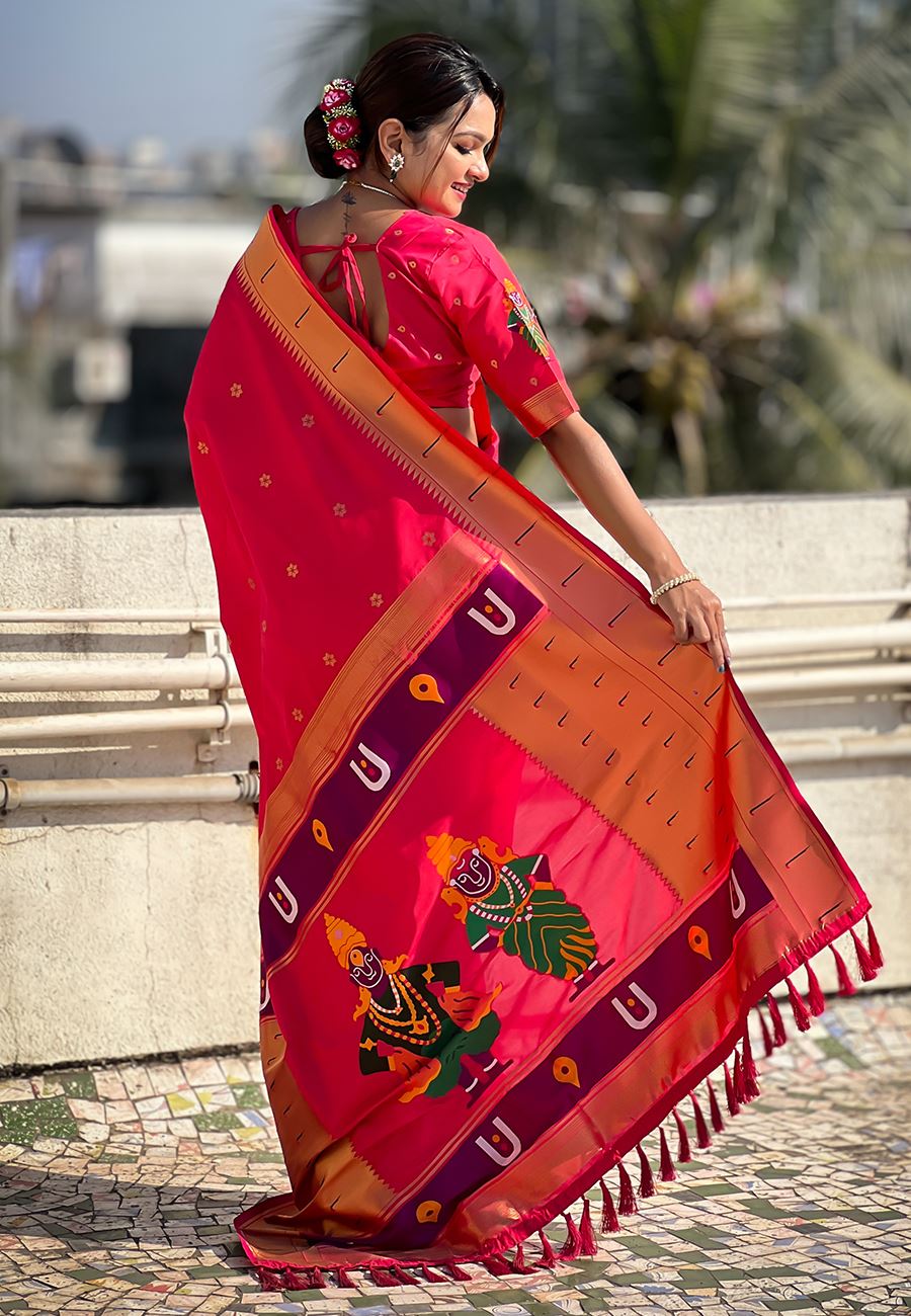 Pink Silk Blend Vitthala God Paithani Silk Saree