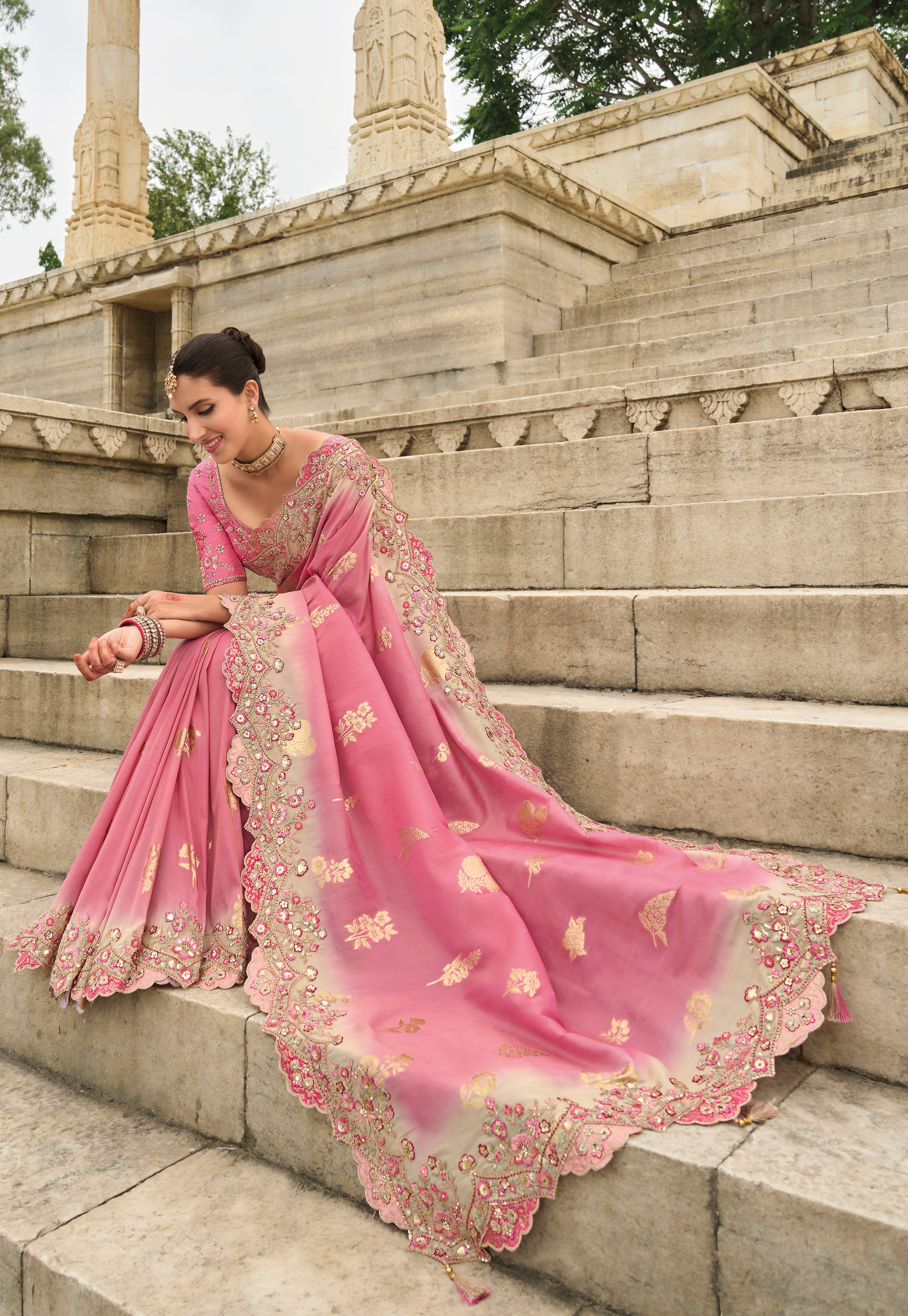 Pink Silk Saree With Embroidery Work