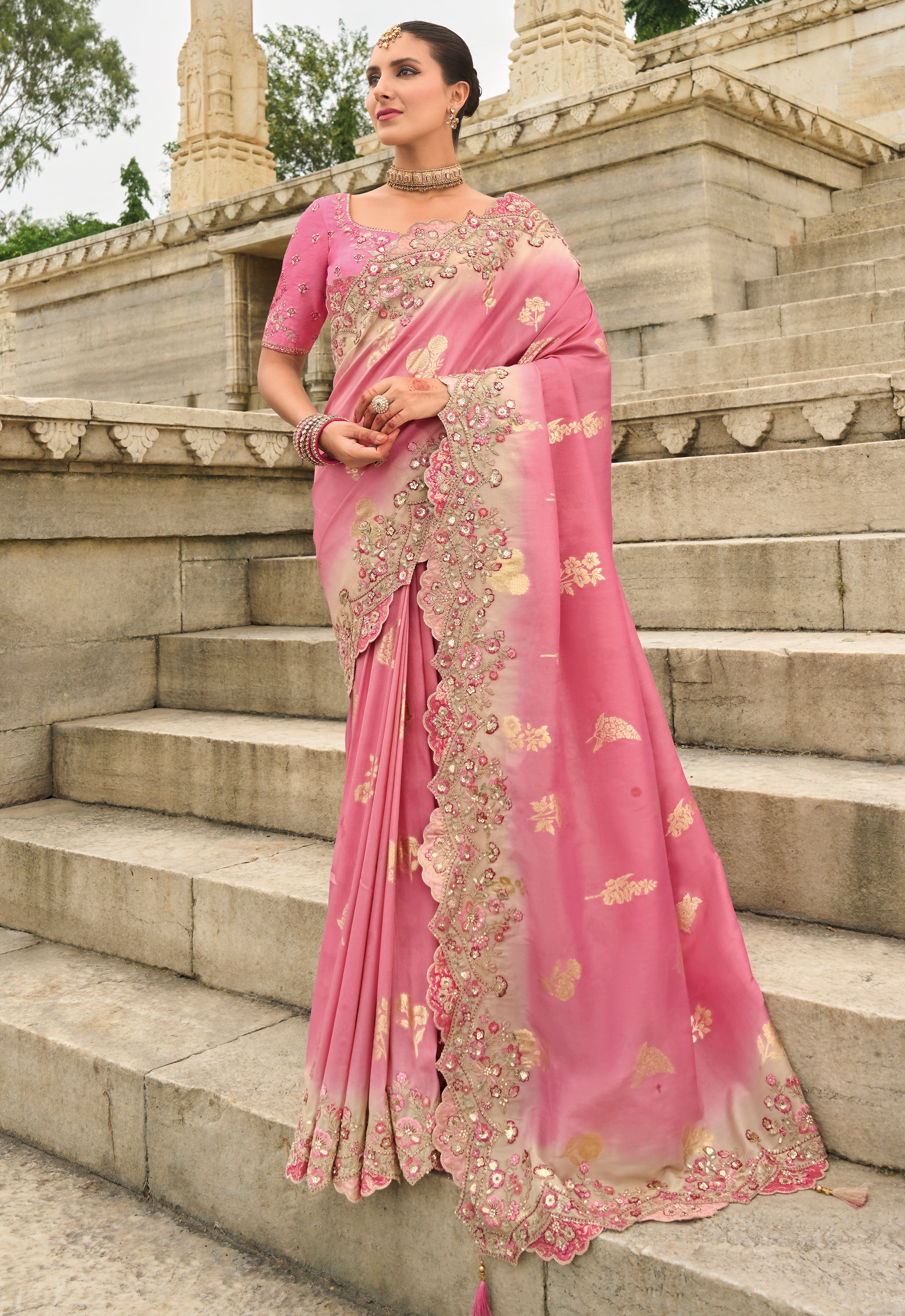 Pink Silk Saree With Embroidery Work