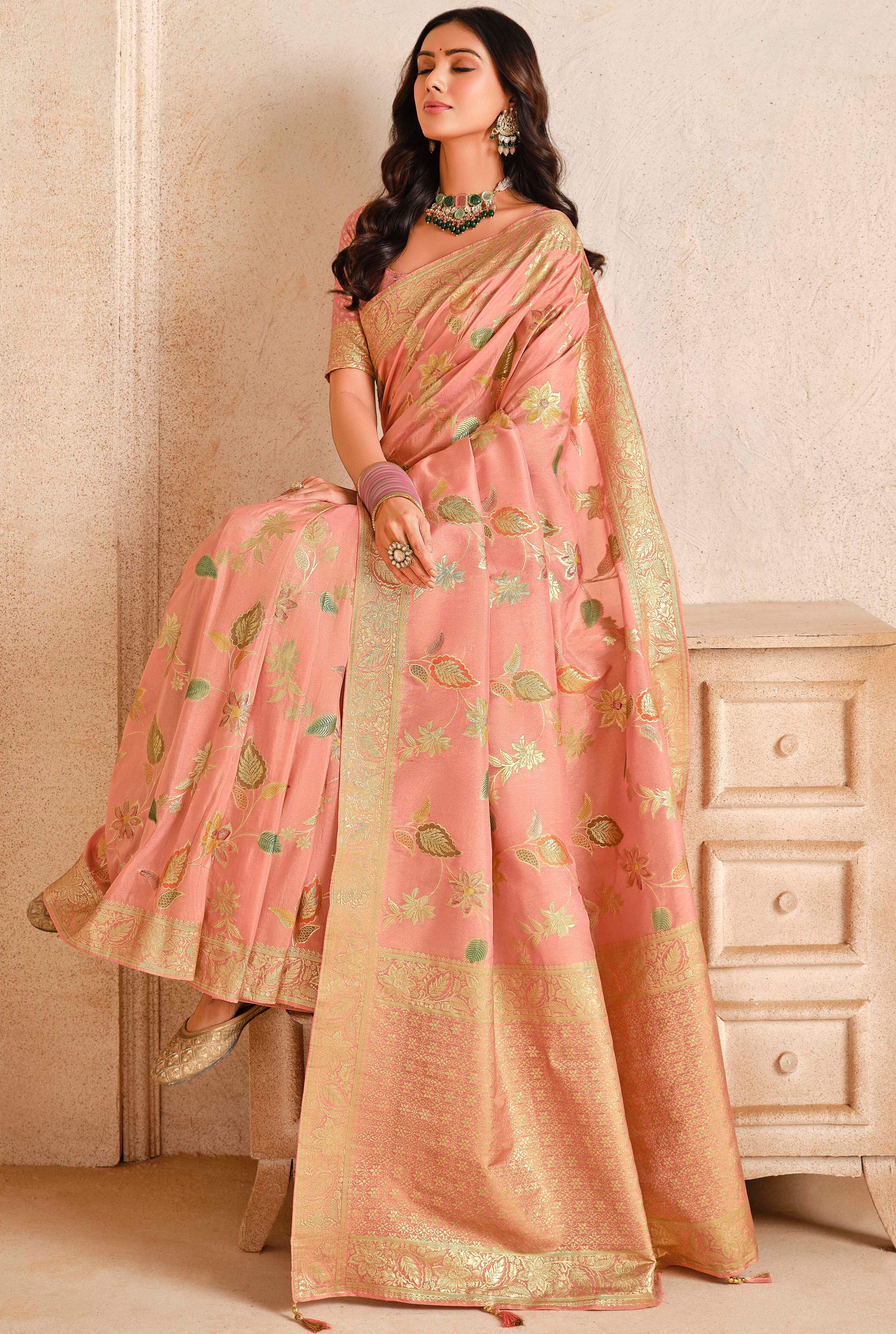 Pink Silk Saree With Jacquard Woven Work