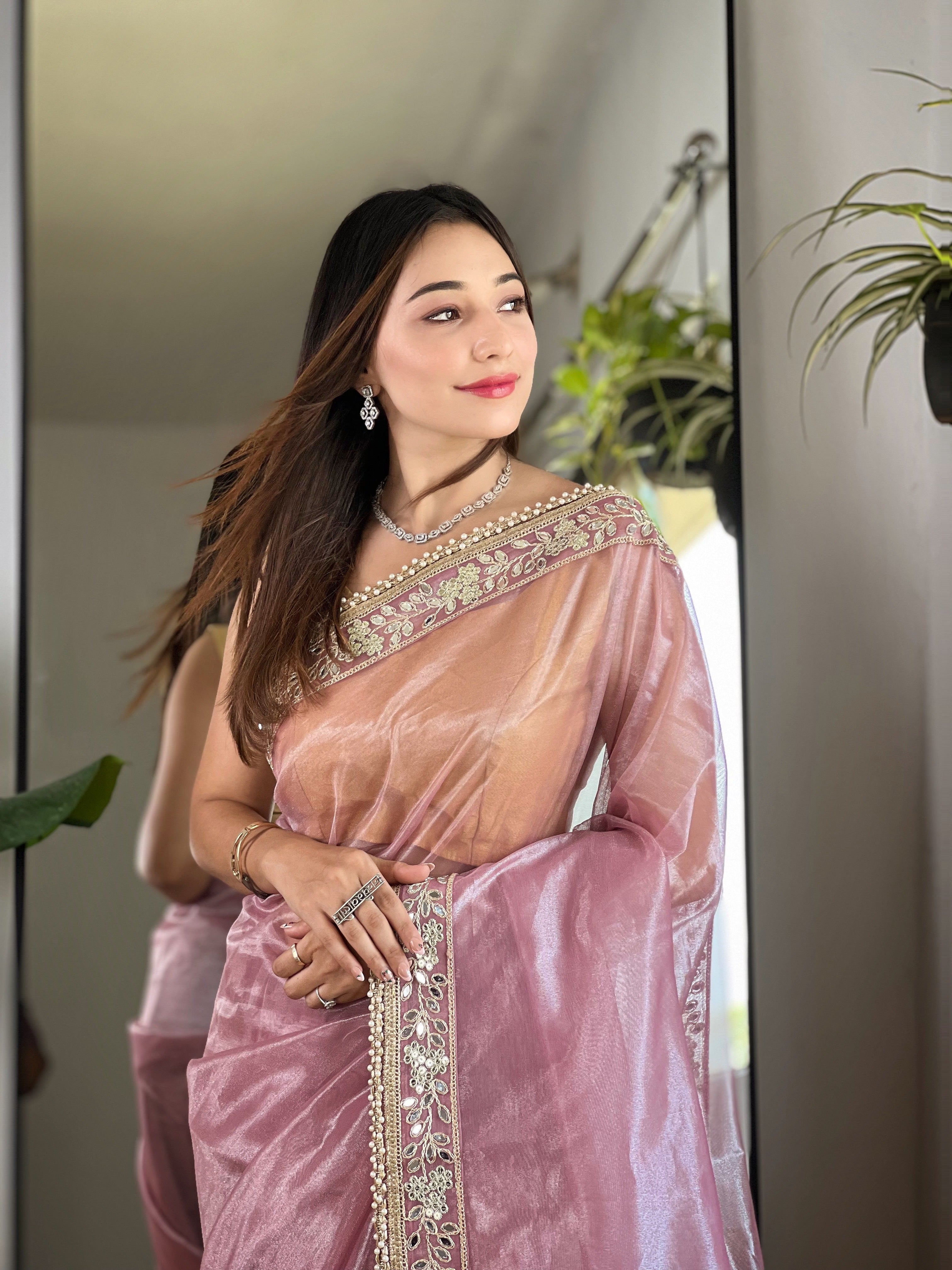 Pink Silver Tissue Silk Beautiful Sequins And Jari Embroidery Work Saree