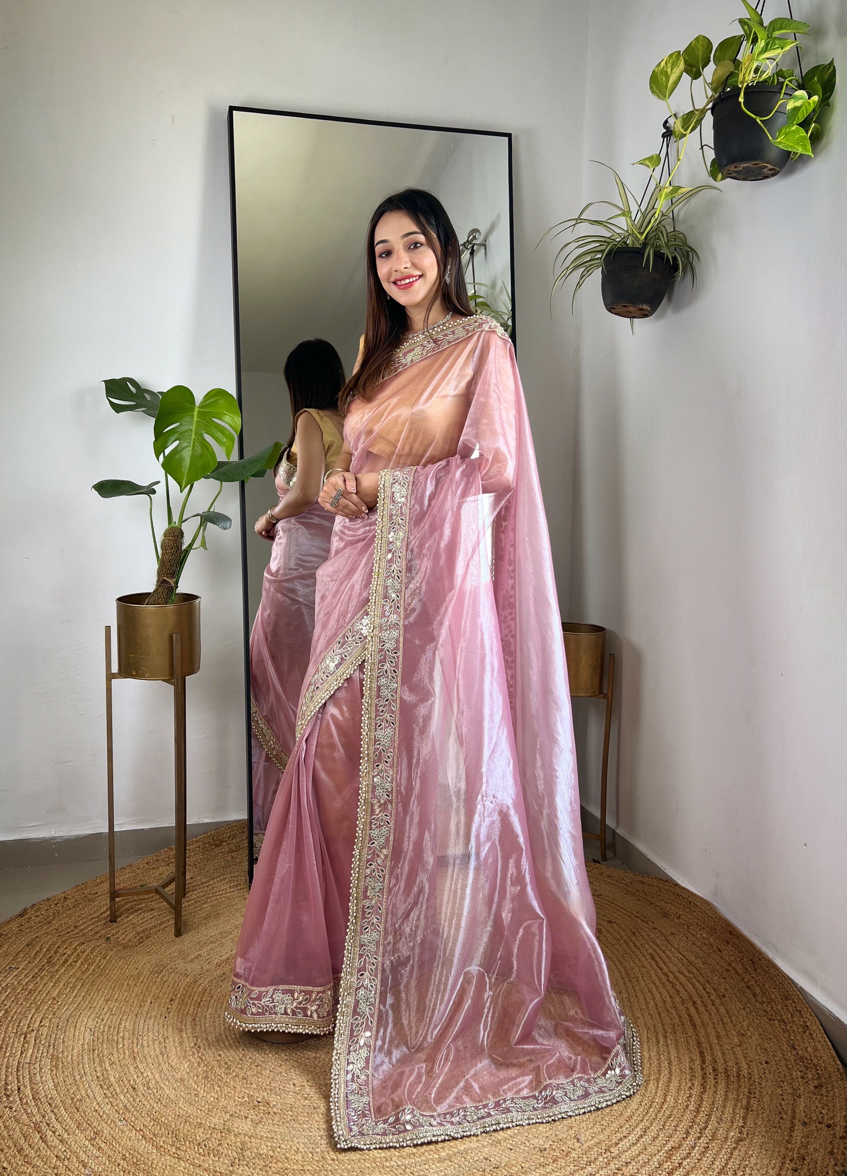 Pink Silver Tissue Silk Beautiful Sequins And Jari Embroidery Work Saree