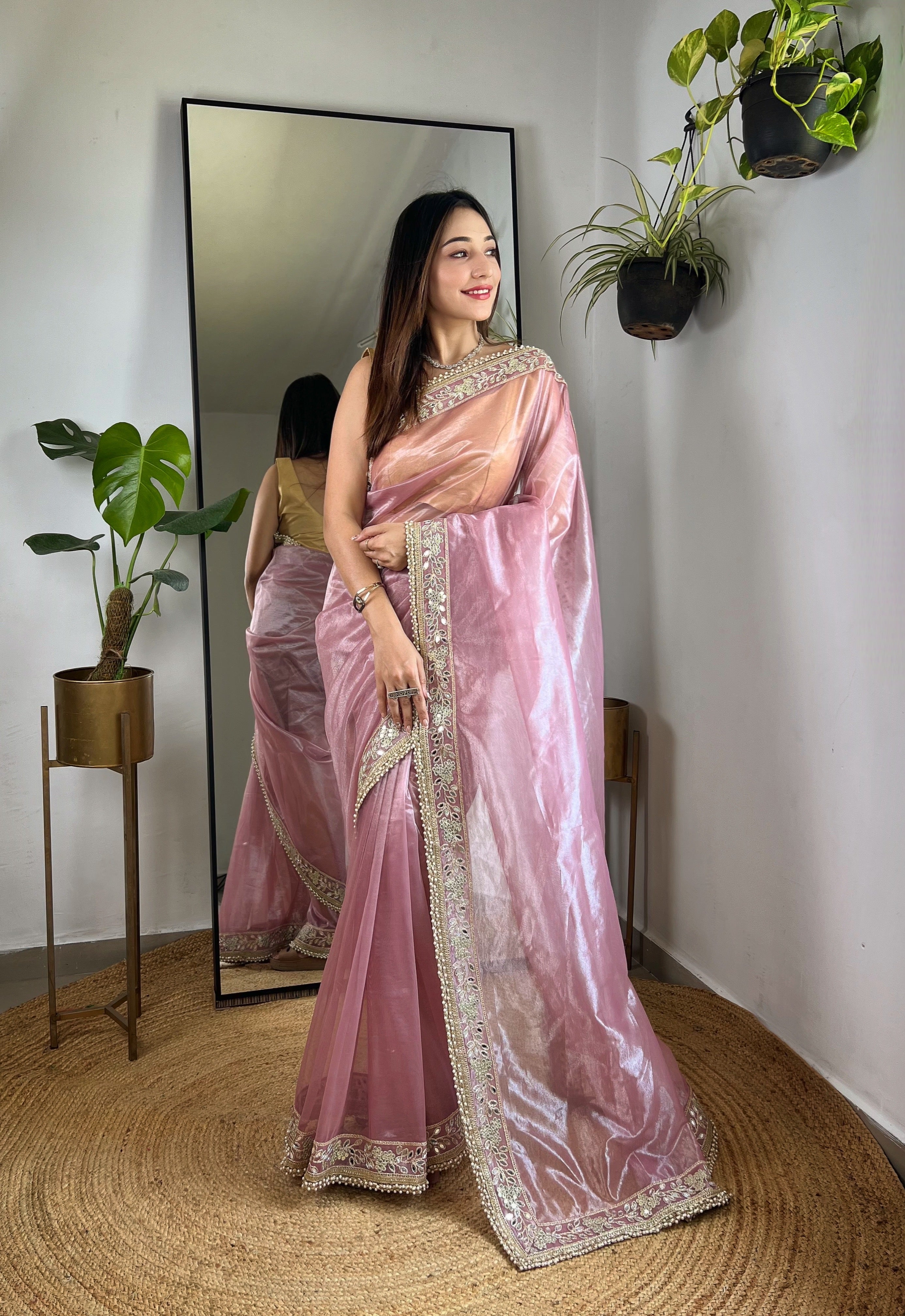 Pink Silver Tissue Silk Beautiful Sequins And Jari Embroidery Work Saree