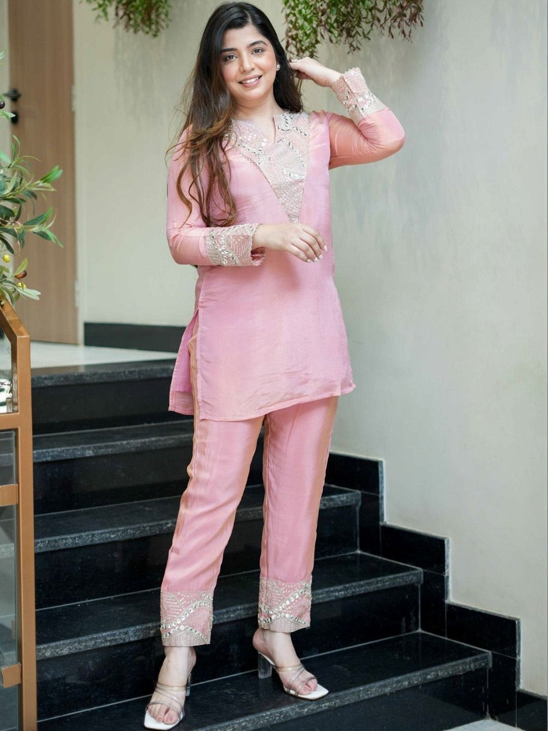 Pink Simmer Silk Kurta With Palazzo Set With Heavy Thread Embroidery, Mirror With Sequins Work