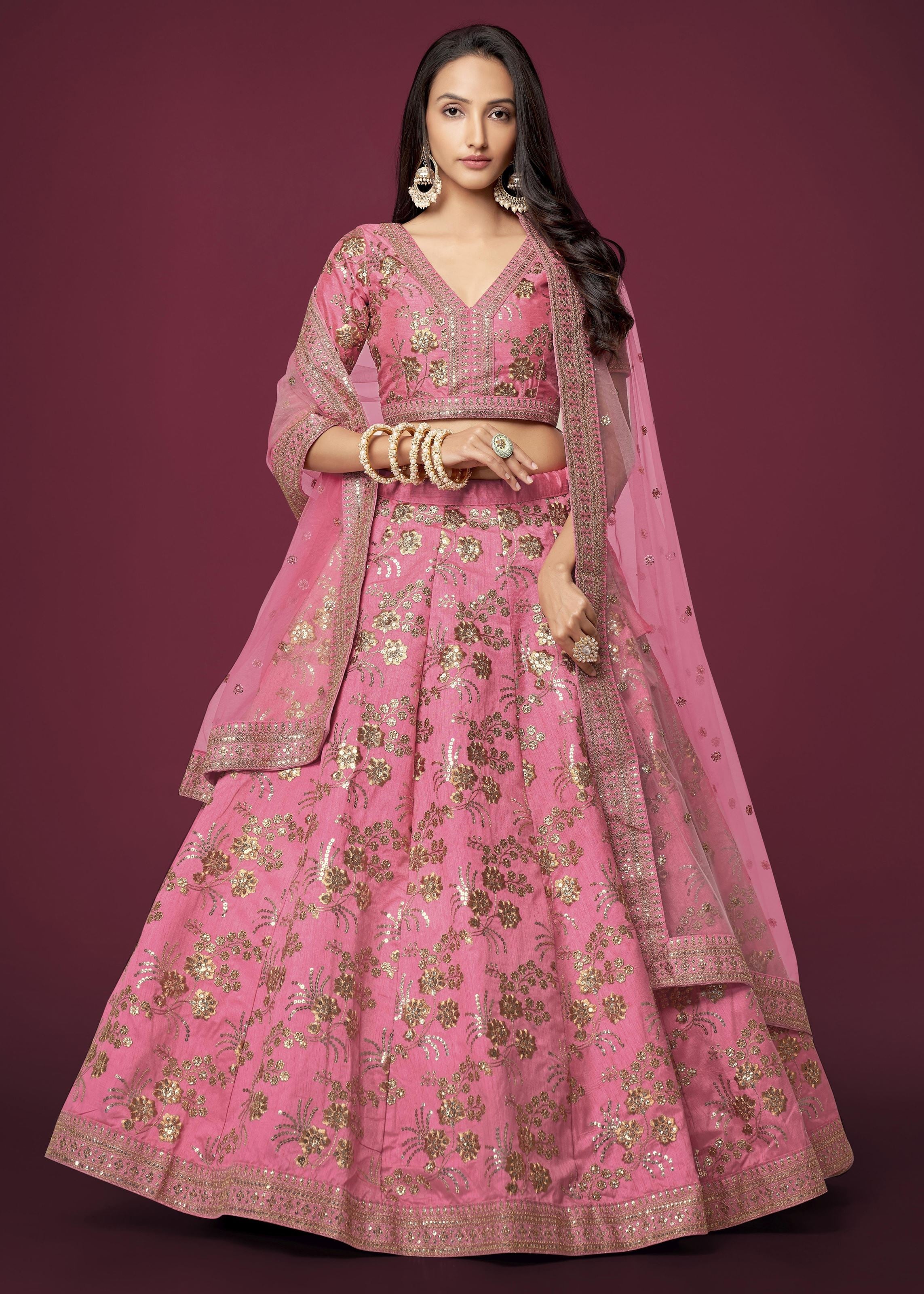 Pink Slub Silk Lehenga Choli With Zari Sequins and Dori Embroidery Work