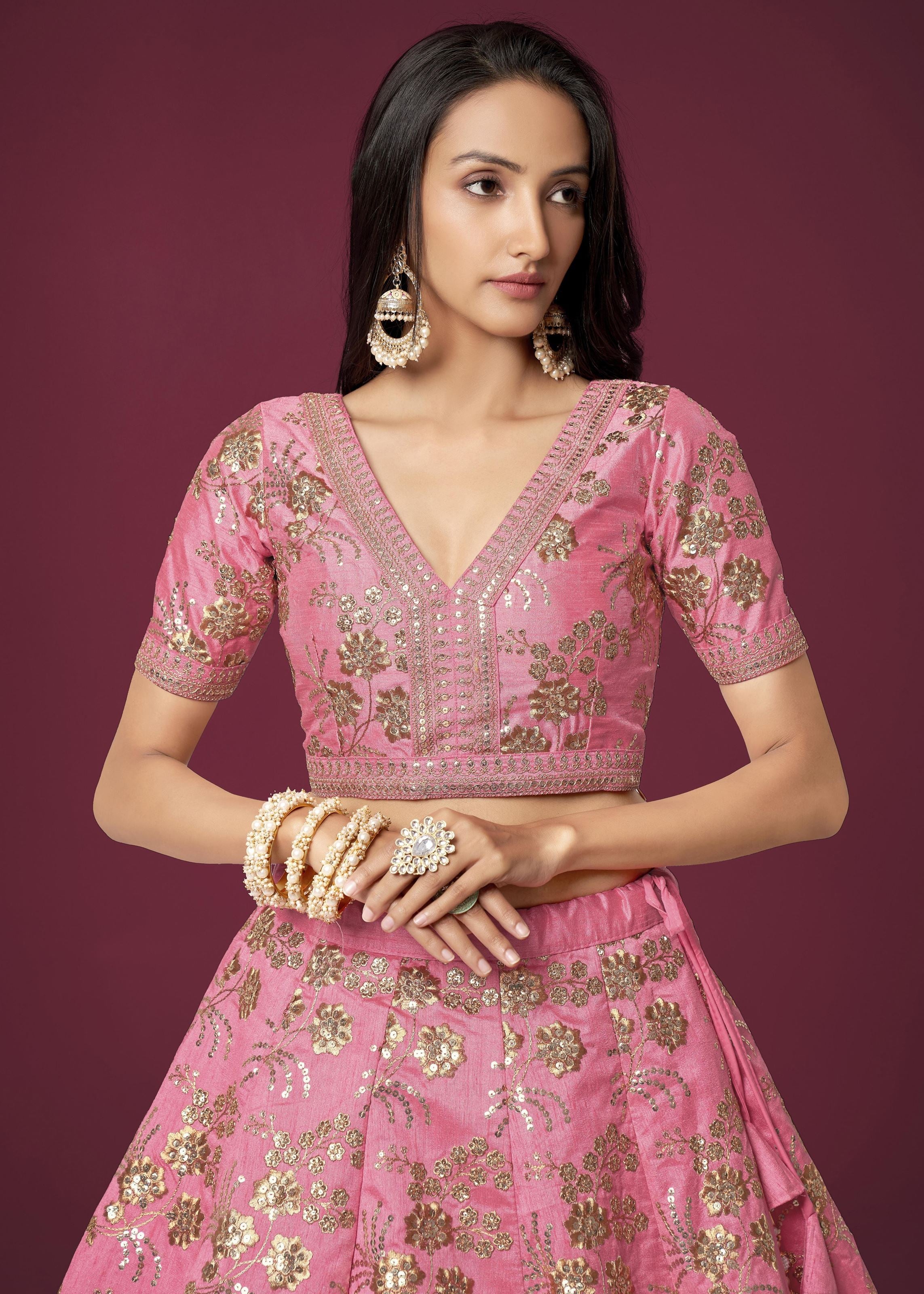 Pink Slub Silk Lehenga Choli With Zari Sequins and Dori Embroidery Work