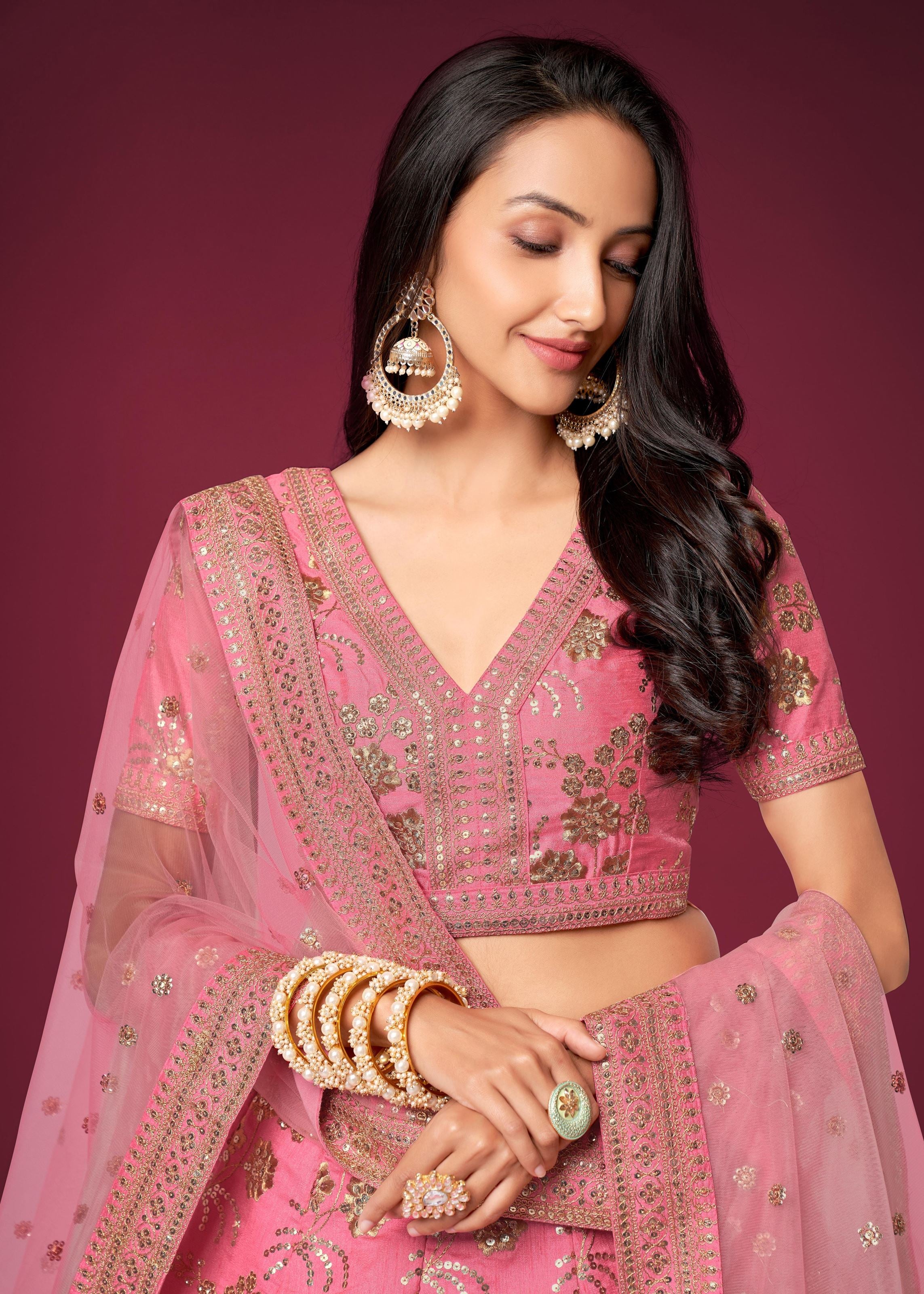 Pink Slub Silk Lehenga Choli With Zari Sequins and Dori Embroidery Work