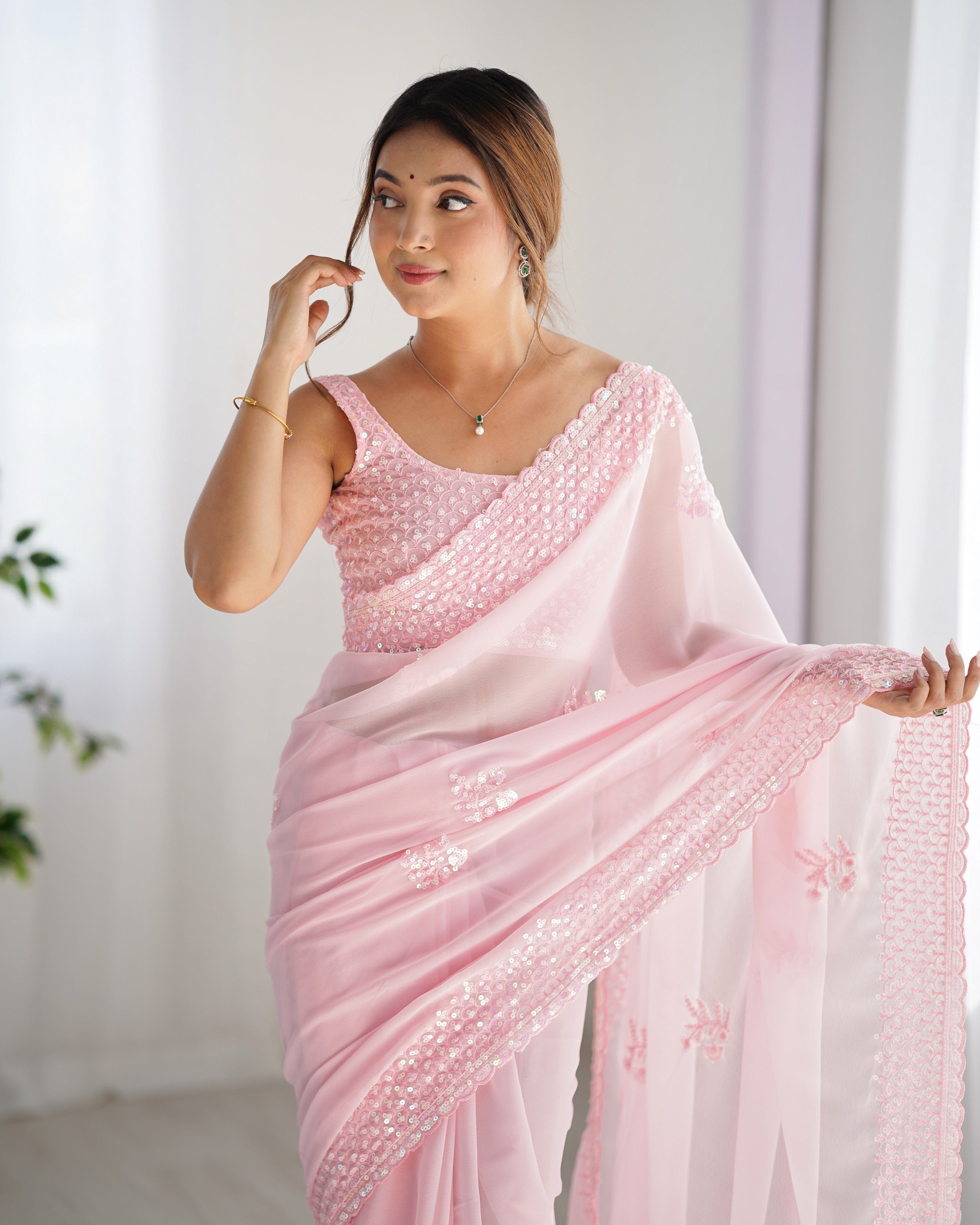 Pink Smart And Sparkling Bollywood Party Style Sequins Work Saree