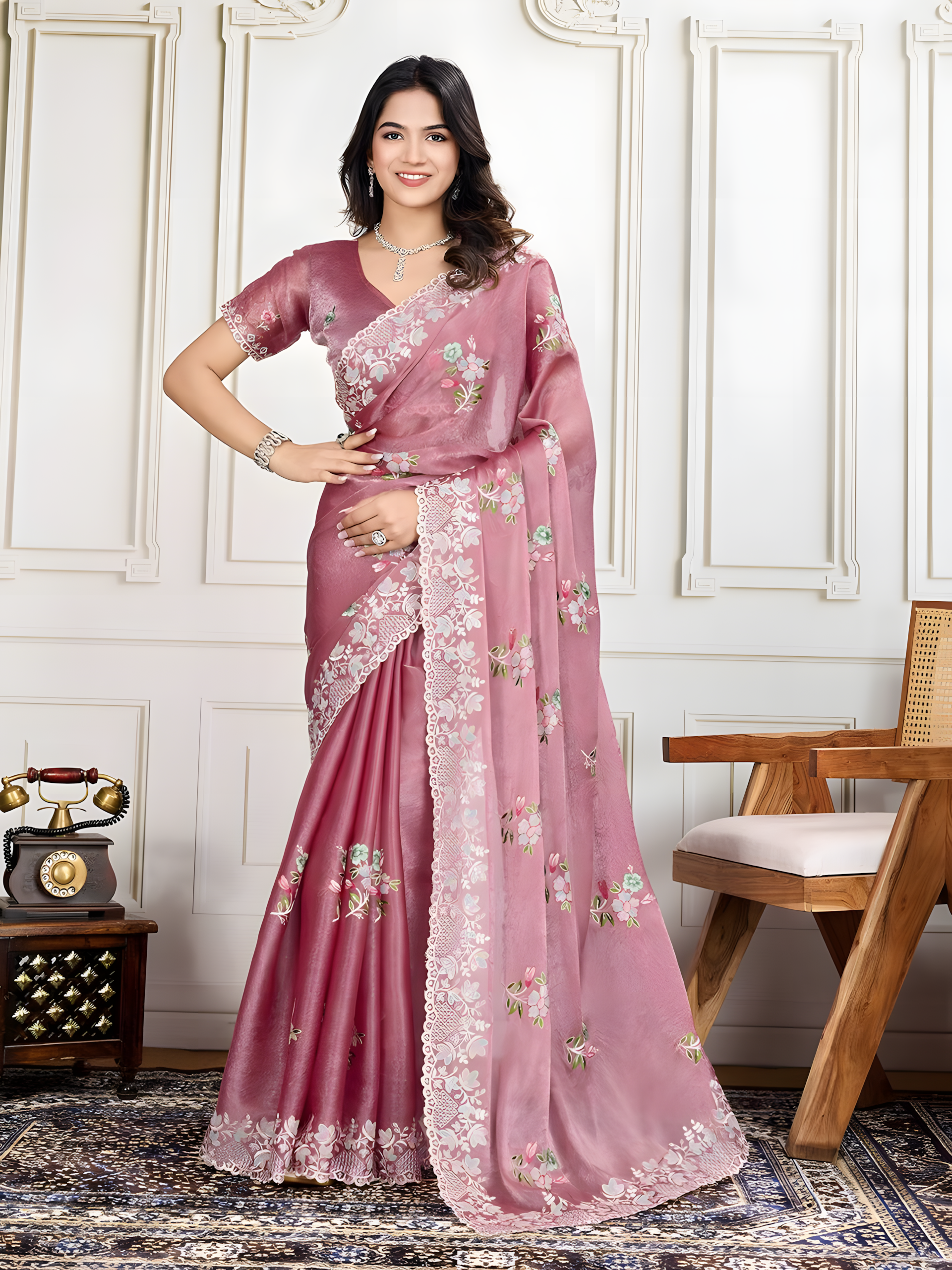 Pink Soft Crunchy silk Saree with Digital Print with Thred Sequins Embroidery Work