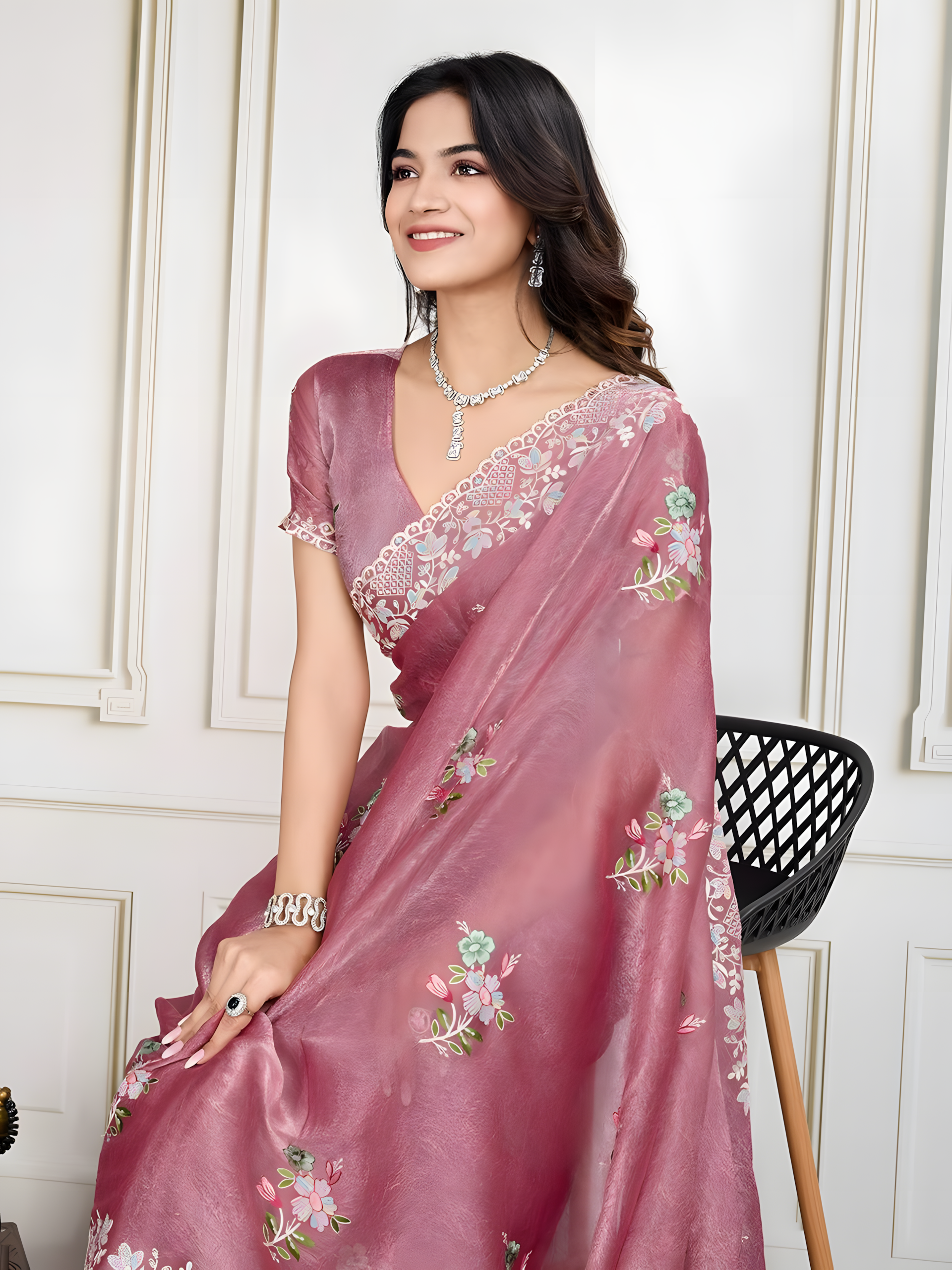 Pink Soft Crunchy silk Saree with Digital Print with Thred Sequins Embroidery Work