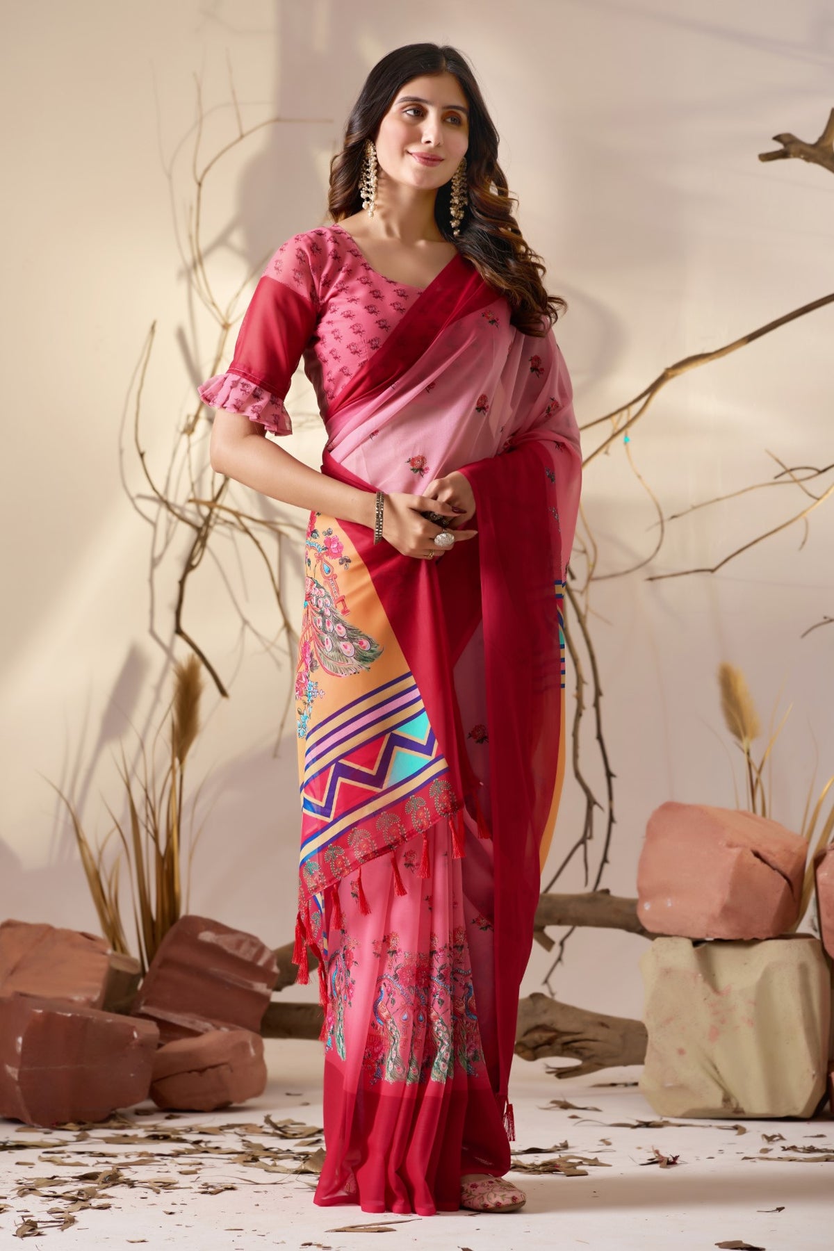 Pink Soft Georgette Saree With Digital Printed Festive Designer Saree