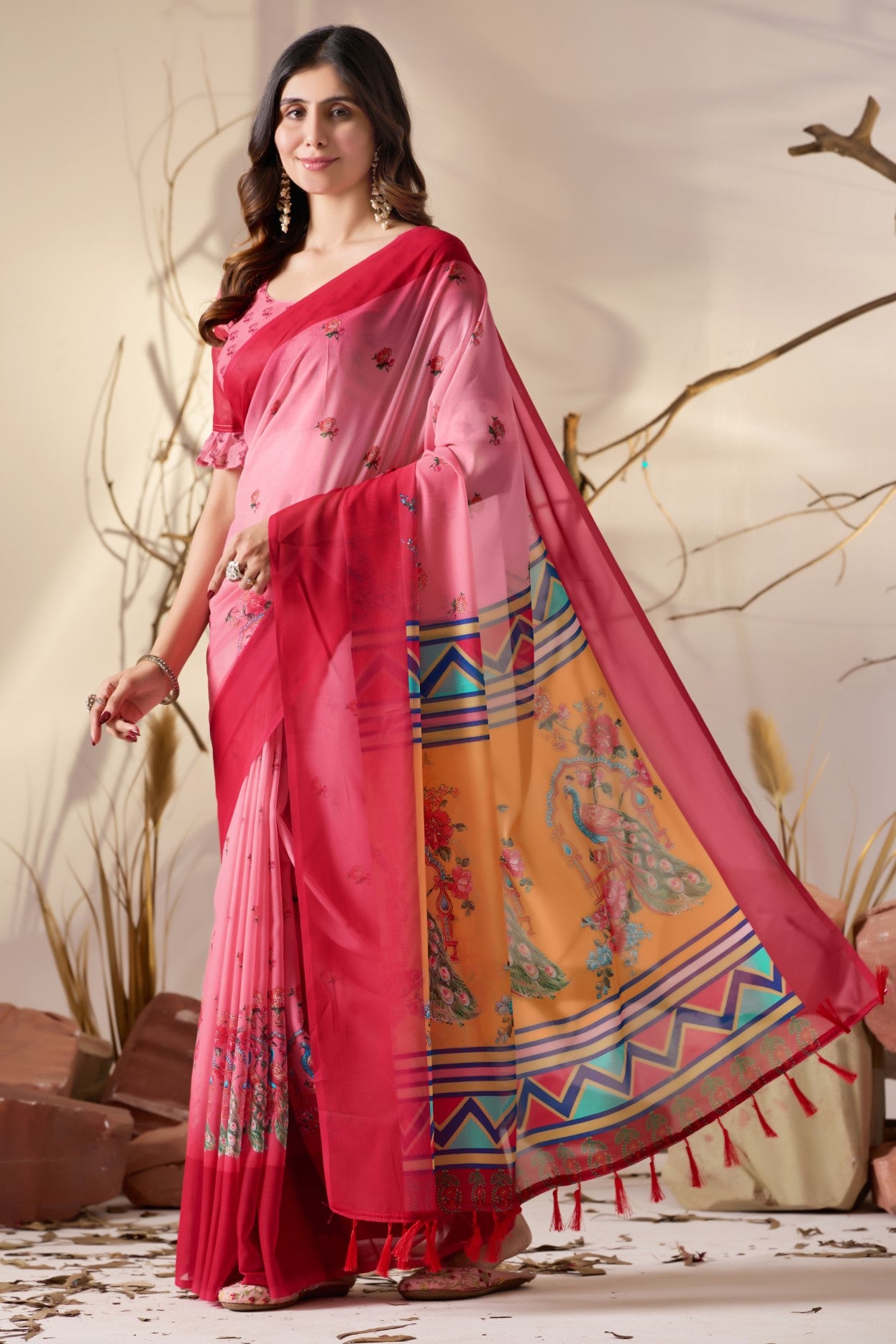Pink Soft Georgette Saree With Digital Printed Festive Designer Saree