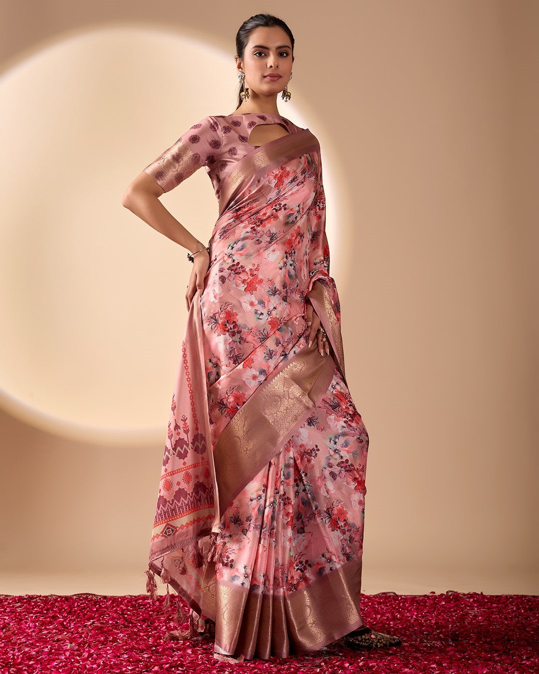 Pink Soft Lichi Silk Saree With Digital Printed Elegant Designer Saree