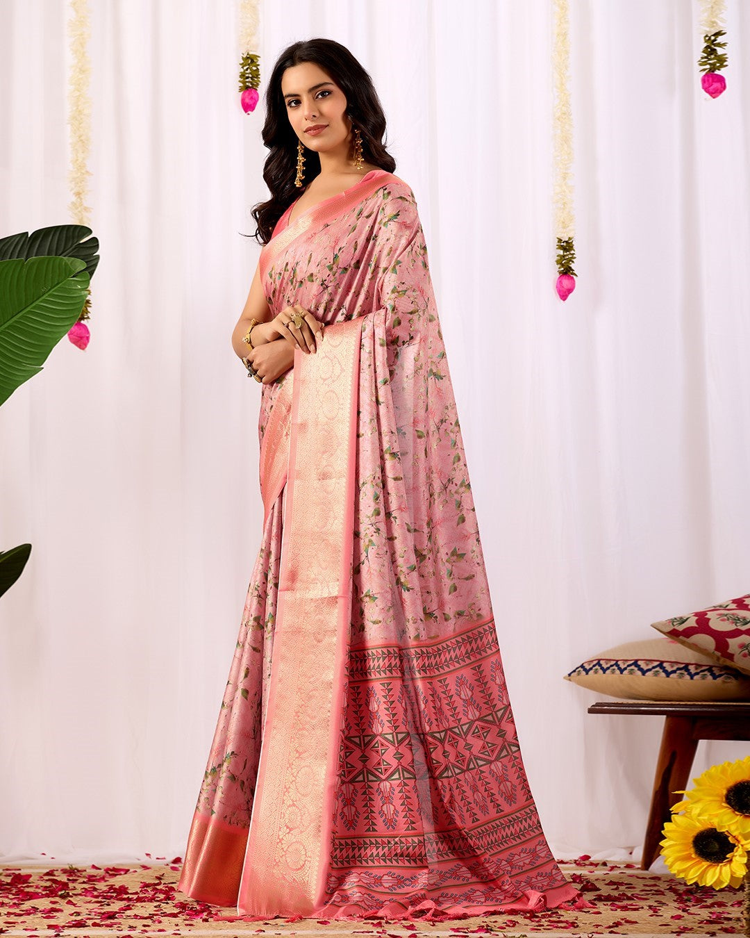 Pink Soft Lichi Silk Saree With Digital Printed Festive Premium Saree